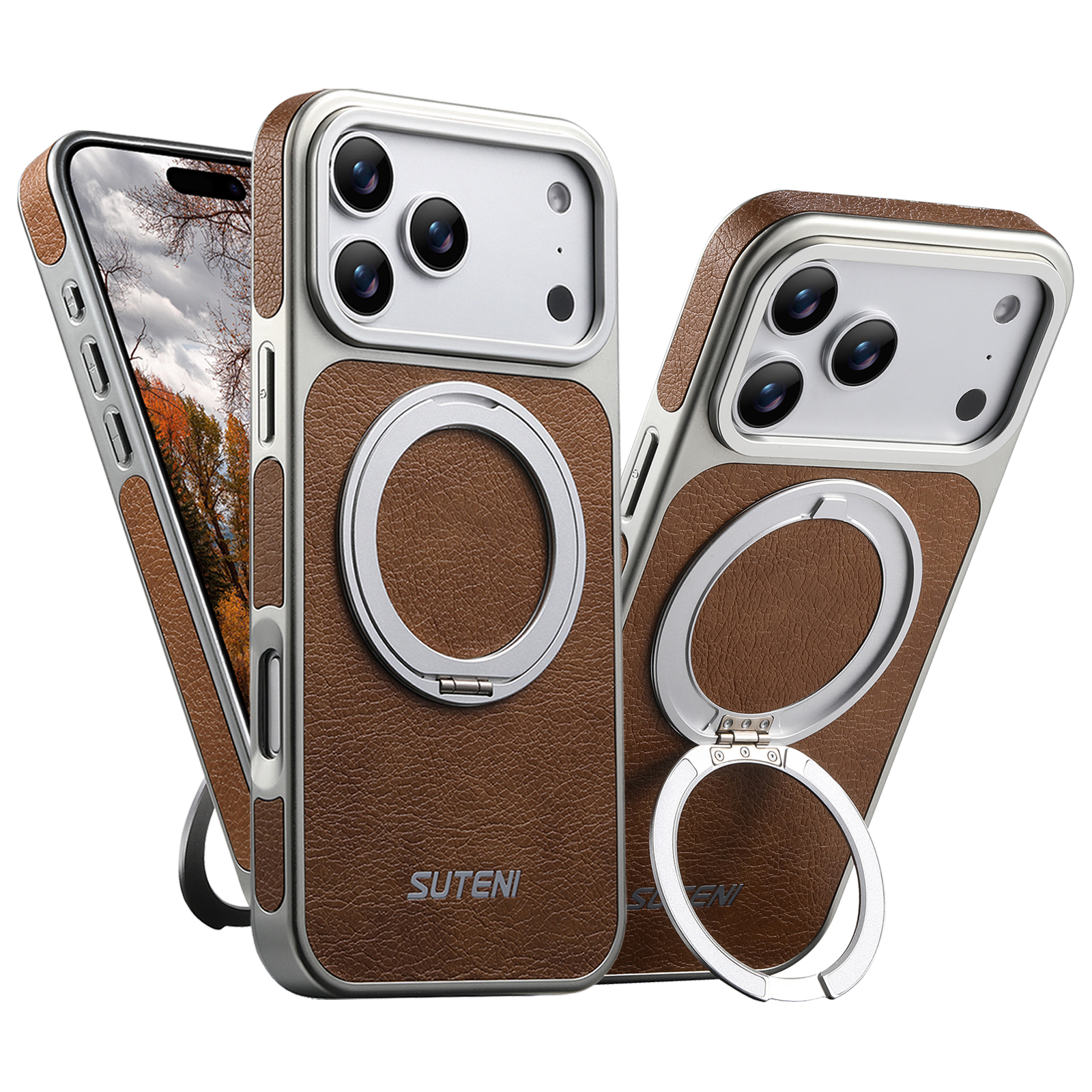 SUTENI G6FM Faux Leather Magnet Wireless Charging Phone Case 360° Rotating Stand Ring Buckle Frosted Feel For iPhone 17 Pro Max 16 15 14 13