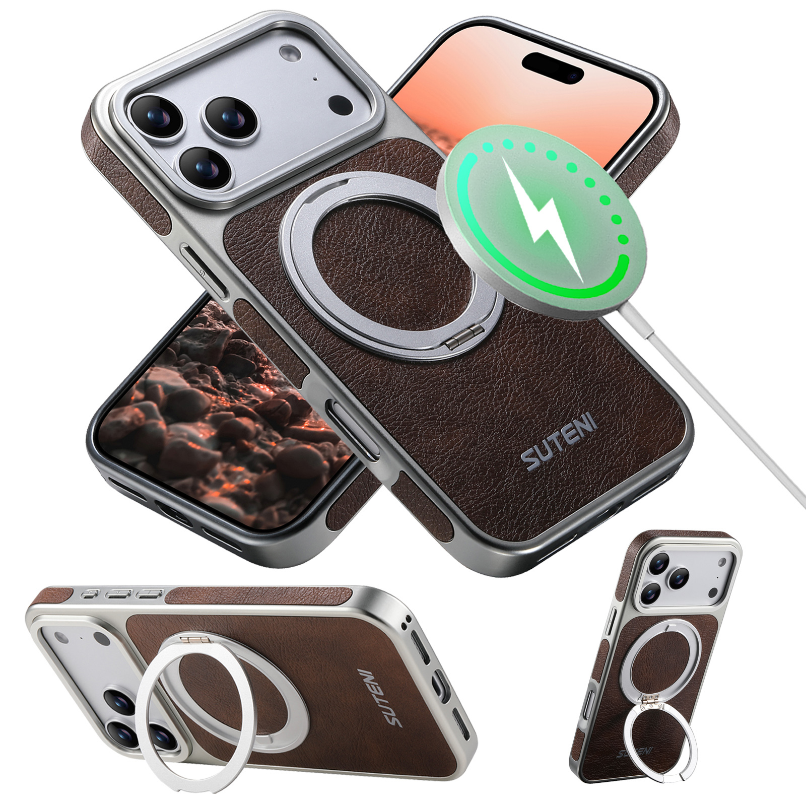 SUTENI G6FM Faux Leather Magnet Wireless Charging Phone Case 360° Rotating Stand Ring Buckle Frosted Feel For iPhone 17 Pro Max 16 15 14 13