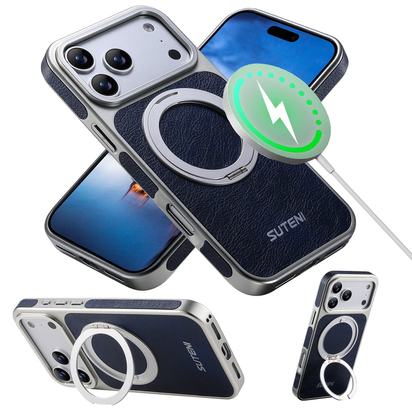 SUTENI G6FM Faux Leather Magnet Wireless Charging Phone Case 360° Rotating Stand Ring Buckle Frosted Feel For iPhone 17 Pro Max 16 15 14 13