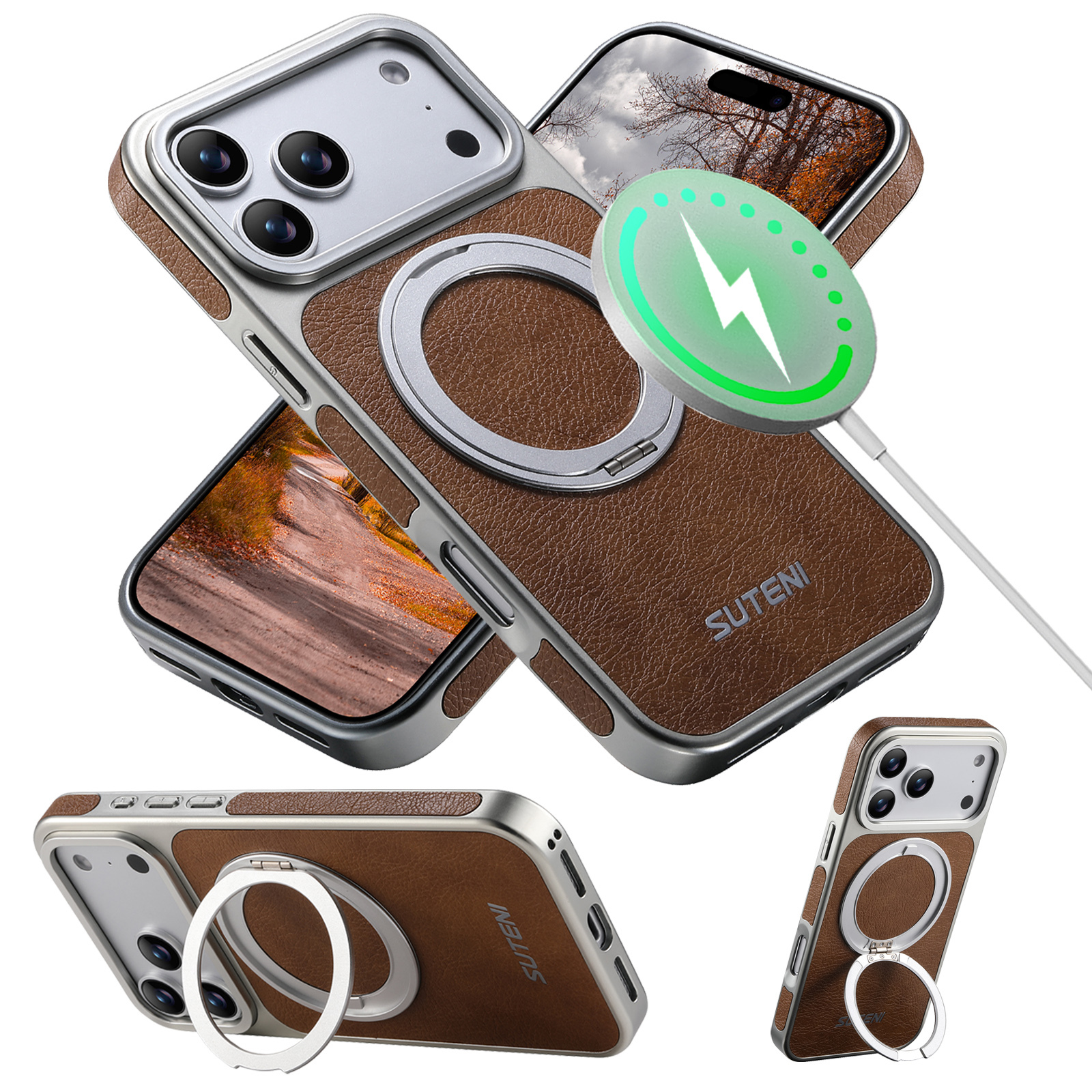 SUTENI G6FM Faux Leather Magnet Wireless Charging Phone Case 360° Rotating Stand Ring Buckle Frosted Feel For iPhone 17 Pro Max 16 15 14 13