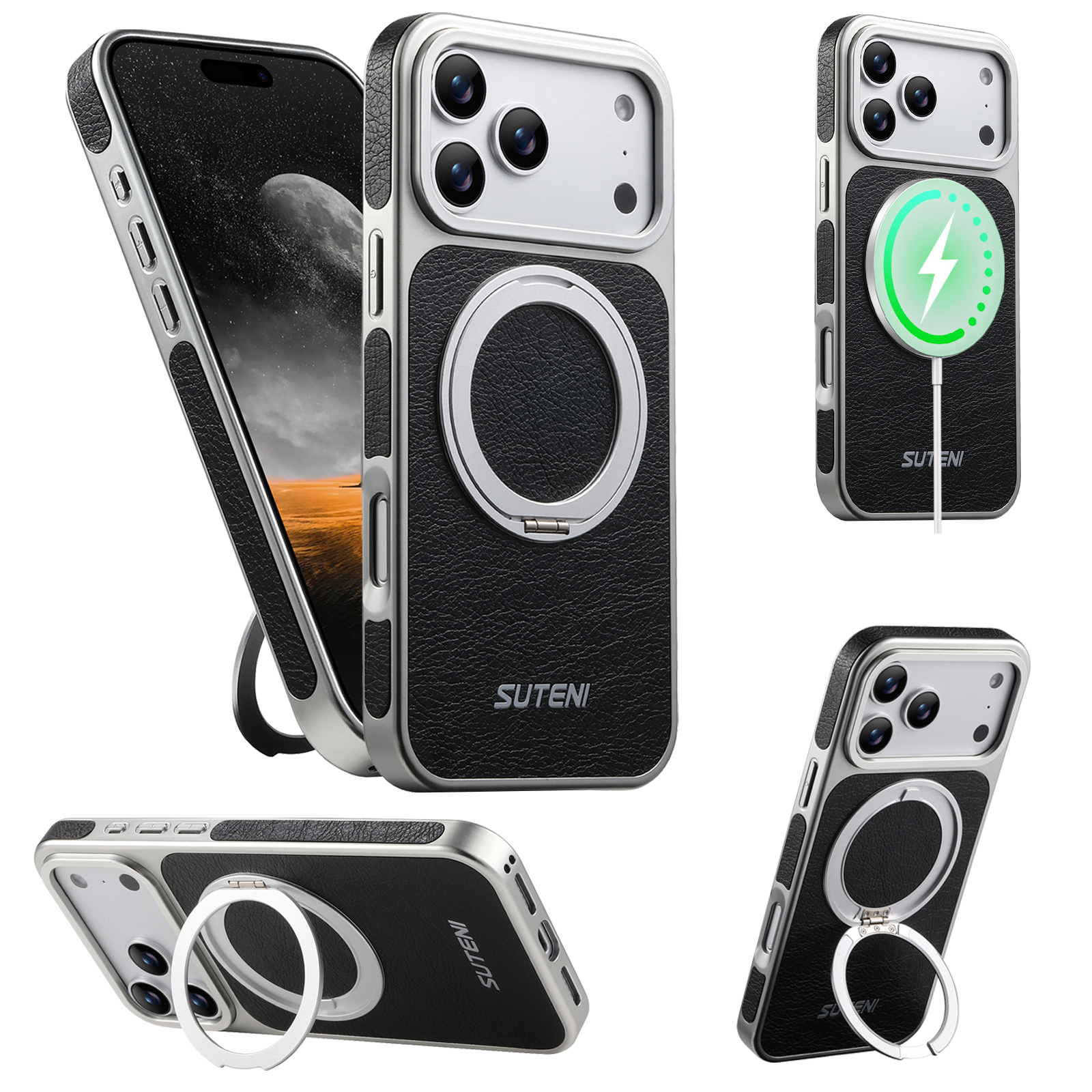 SUTENI G6FM Faux Leather Magnet Wireless Charging Phone Case 360° Rotating Stand Ring Buckle Frosted Feel For iPhone 17 Pro Max 16 15 14 13