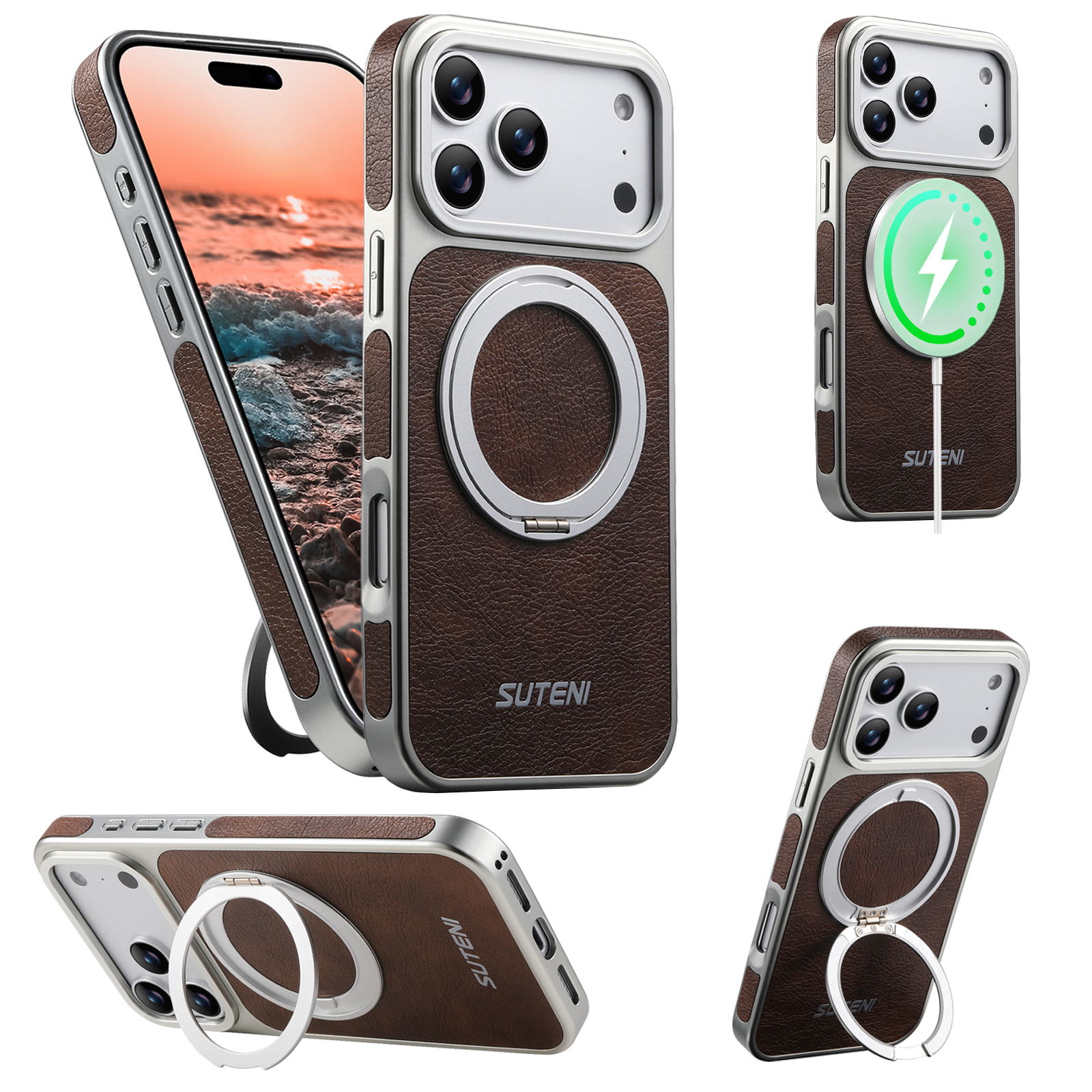 SUTENI G6FM Faux Leather Magnet Wireless Charging Phone Case 360° Rotating Stand Ring Buckle Frosted Feel For iPhone 17 Pro Max 16 15 14 13