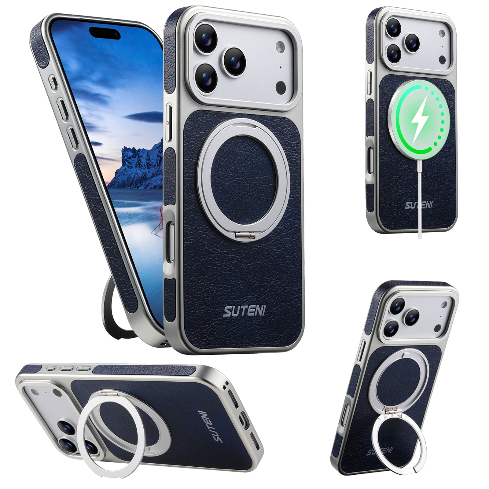SUTENI G6FM Faux Leather Magnet Wireless Charging Phone Case 360° Rotating Stand Ring Buckle Frosted Feel For iPhone 17 Pro Max 16 15 14 13