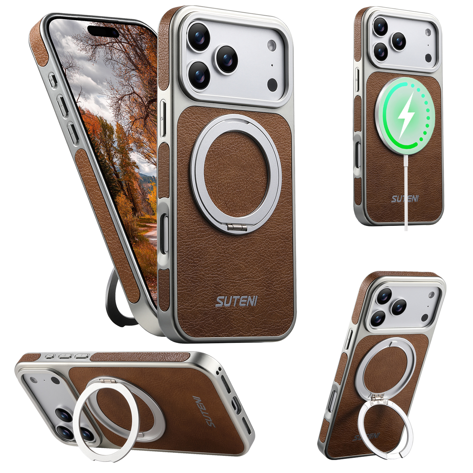 SUTENI G6FM Faux Leather Magnet Wireless Charging Phone Case 360° Rotating Stand Ring Buckle Frosted Feel For iPhone 17 Pro Max 16 15 14 13