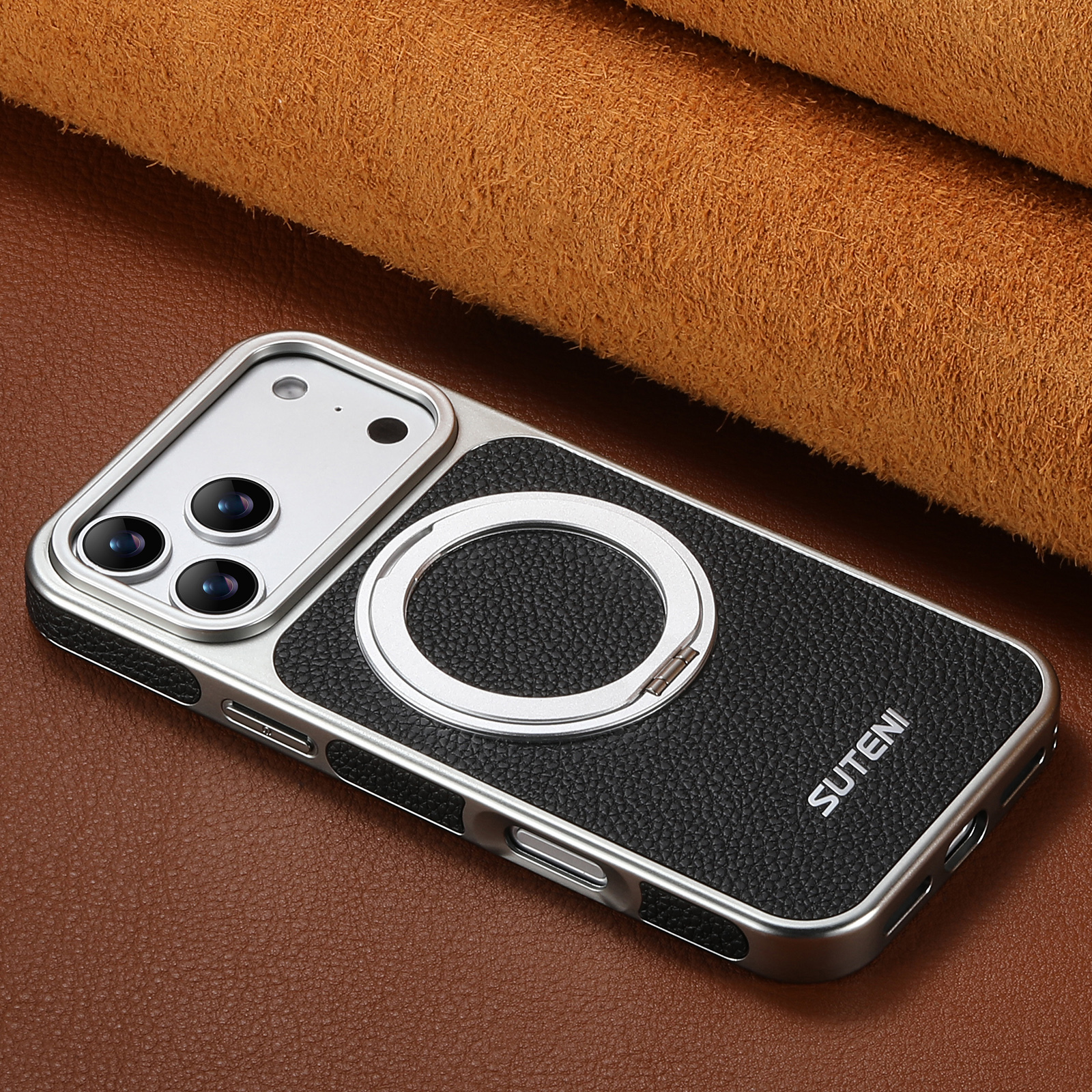 SUTENI G6DLZ Faux Leather Magnet Wireless Charging Phone Case 360° Rotating Stand Ring Buckle Frosted Feel For iPhone 17 Pro Max 16 15 14 13