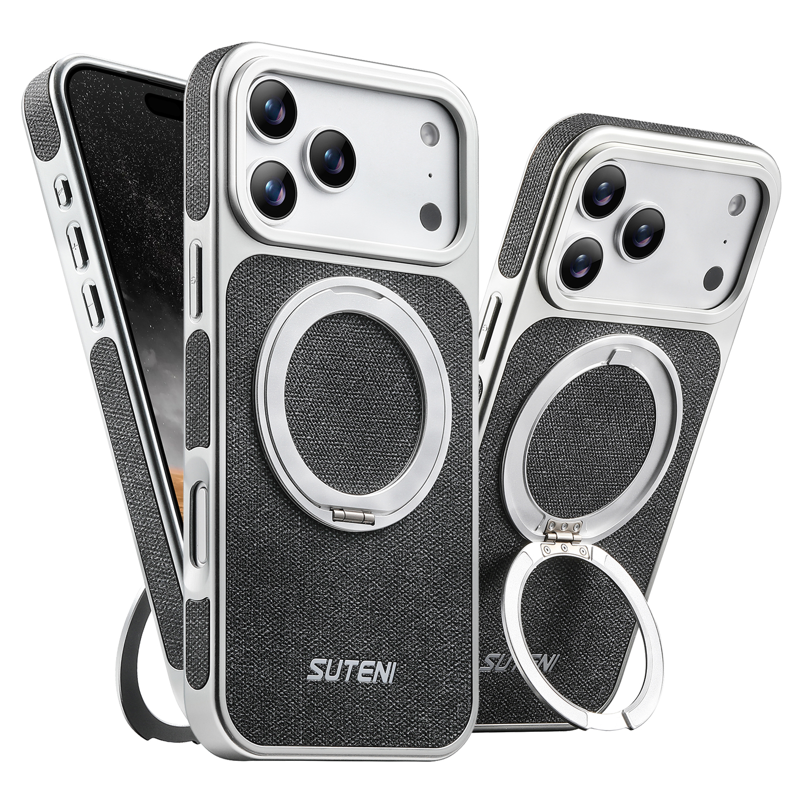 SUTENI G6NZ Faux Leather Magnet Wireless Charging Phone Case 360° Rotating Stand Ring Buckle Frosted Feel For iPhone 17 Pro Max 16 15 14 13