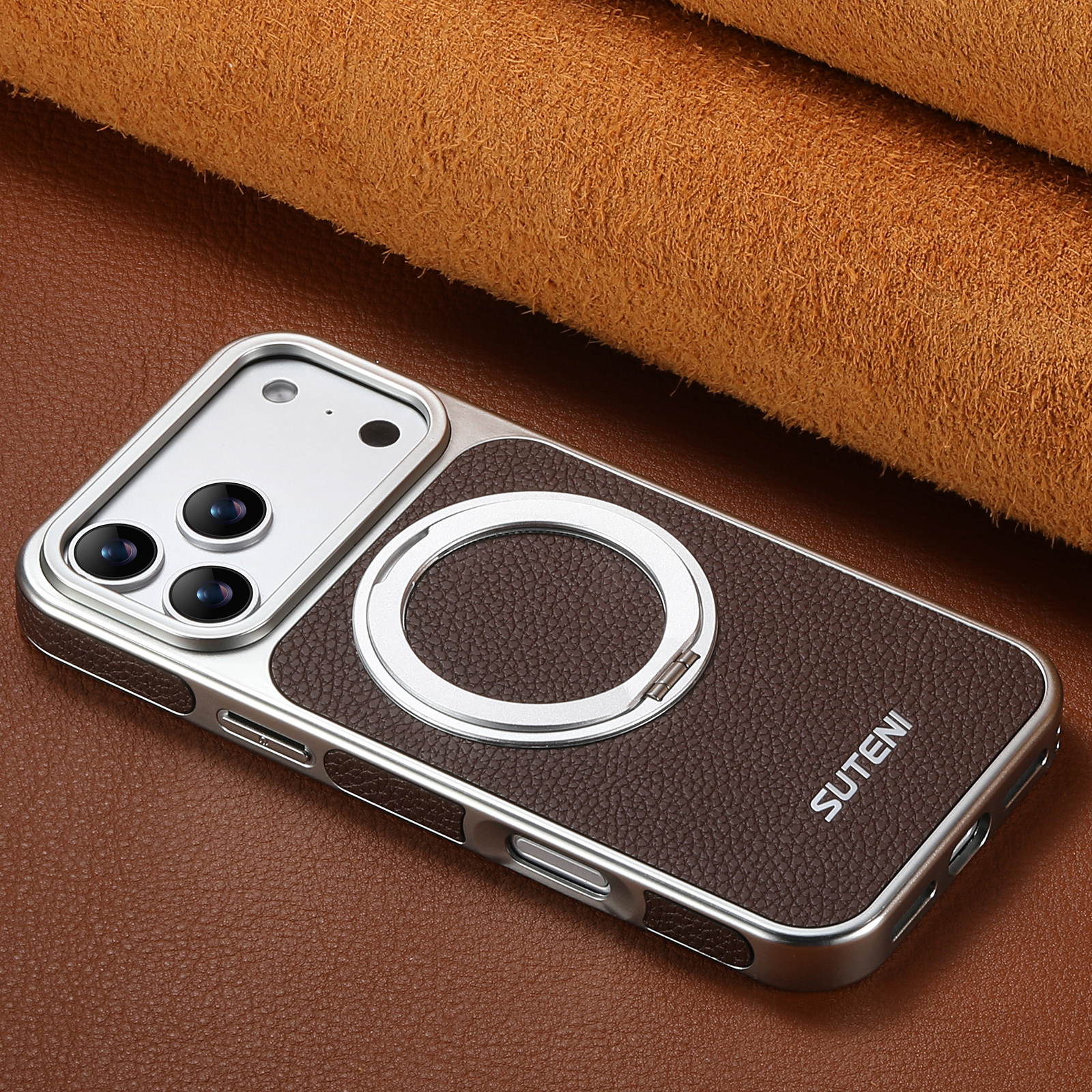 SUTENI G6DLZ Faux Leather Magnet Wireless Charging Phone Case 360° Rotating Stand Ring Buckle Frosted Feel For iPhone 17 Pro Max 16 15 14 13
