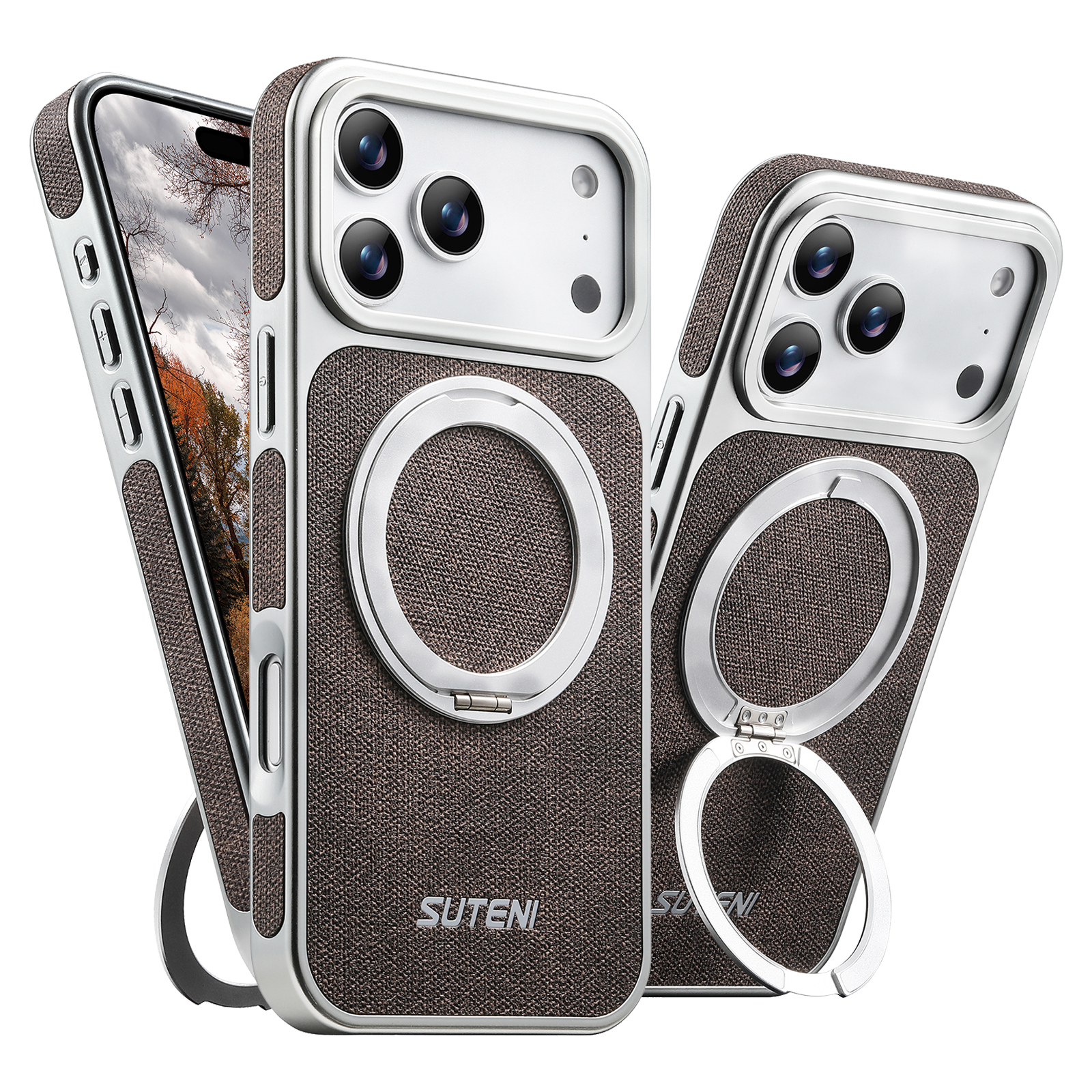 SUTENI G6NZ Faux Leather Magnet Wireless Charging Phone Case 360° Rotating Stand Ring Buckle Frosted Feel For iPhone 17 Pro Max 16 15 14 13