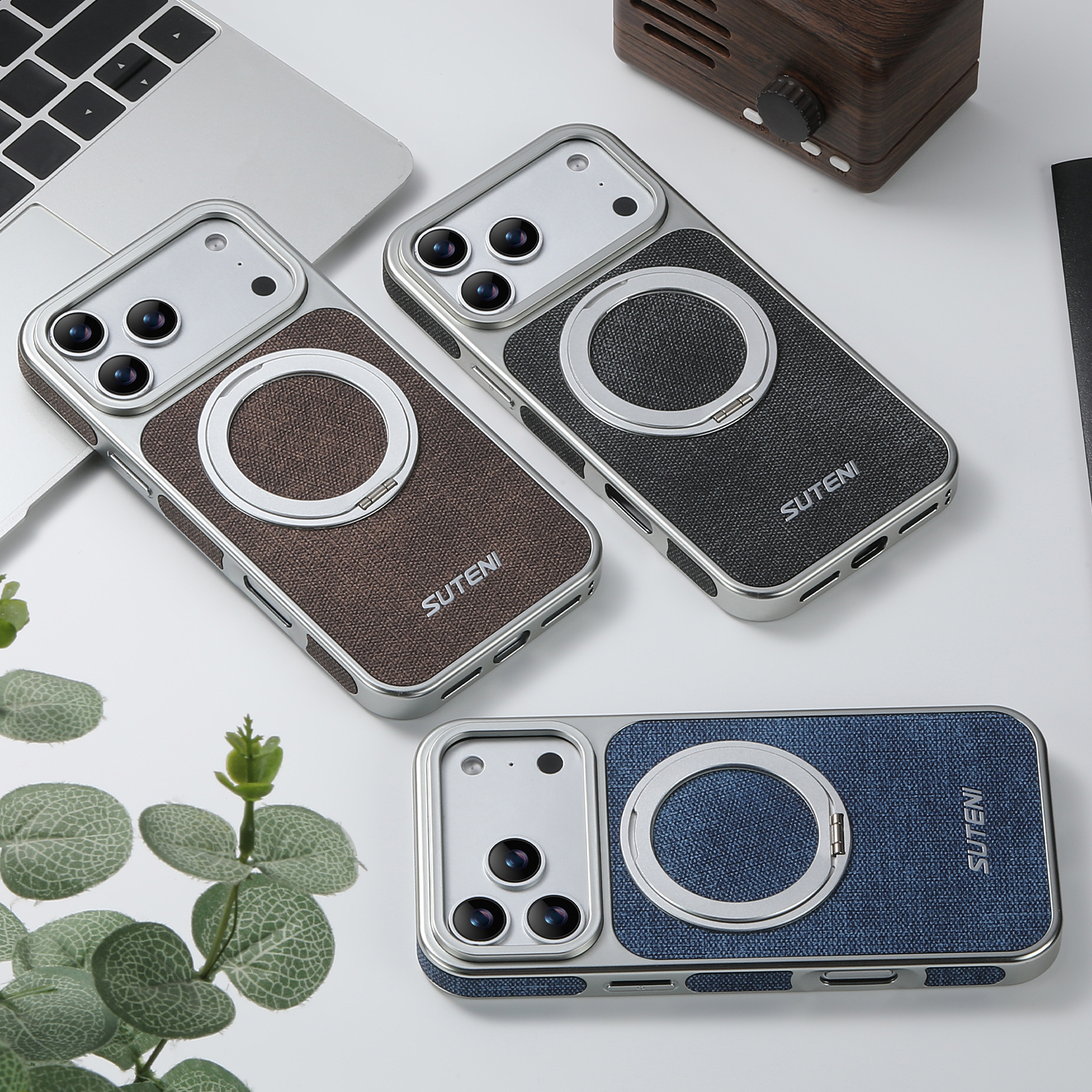 SUTENI G6NZ Faux Leather Magnet Wireless Charging Phone Case 360° Rotating Stand Ring Buckle Frosted Feel For iPhone 17 Pro Max 16 15 14 13