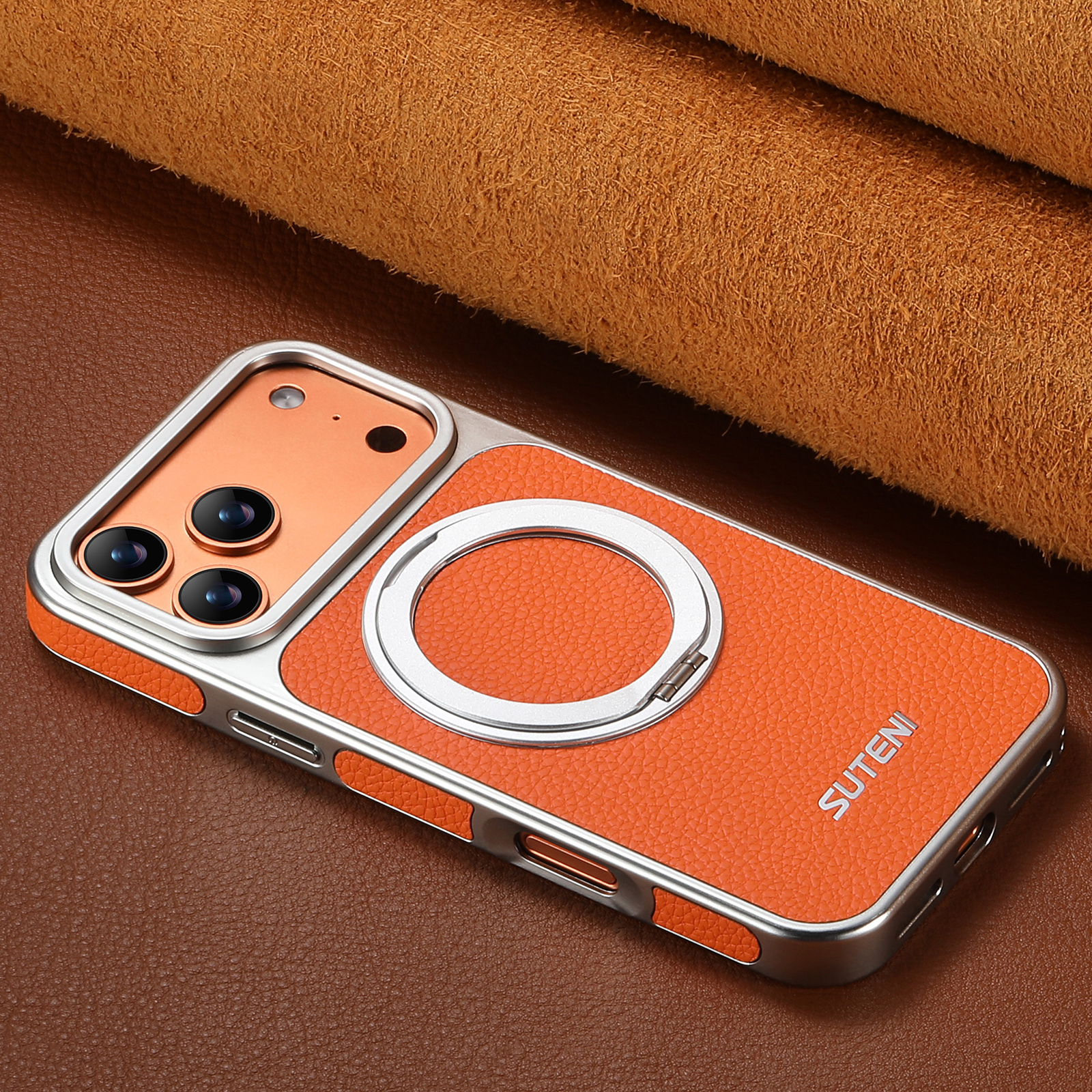 SUTENI G6DLZ Faux Leather Magnet Wireless Charging Phone Case 360° Rotating Stand Ring Buckle Frosted Feel For iPhone 17 Pro Max 16 15 14 13