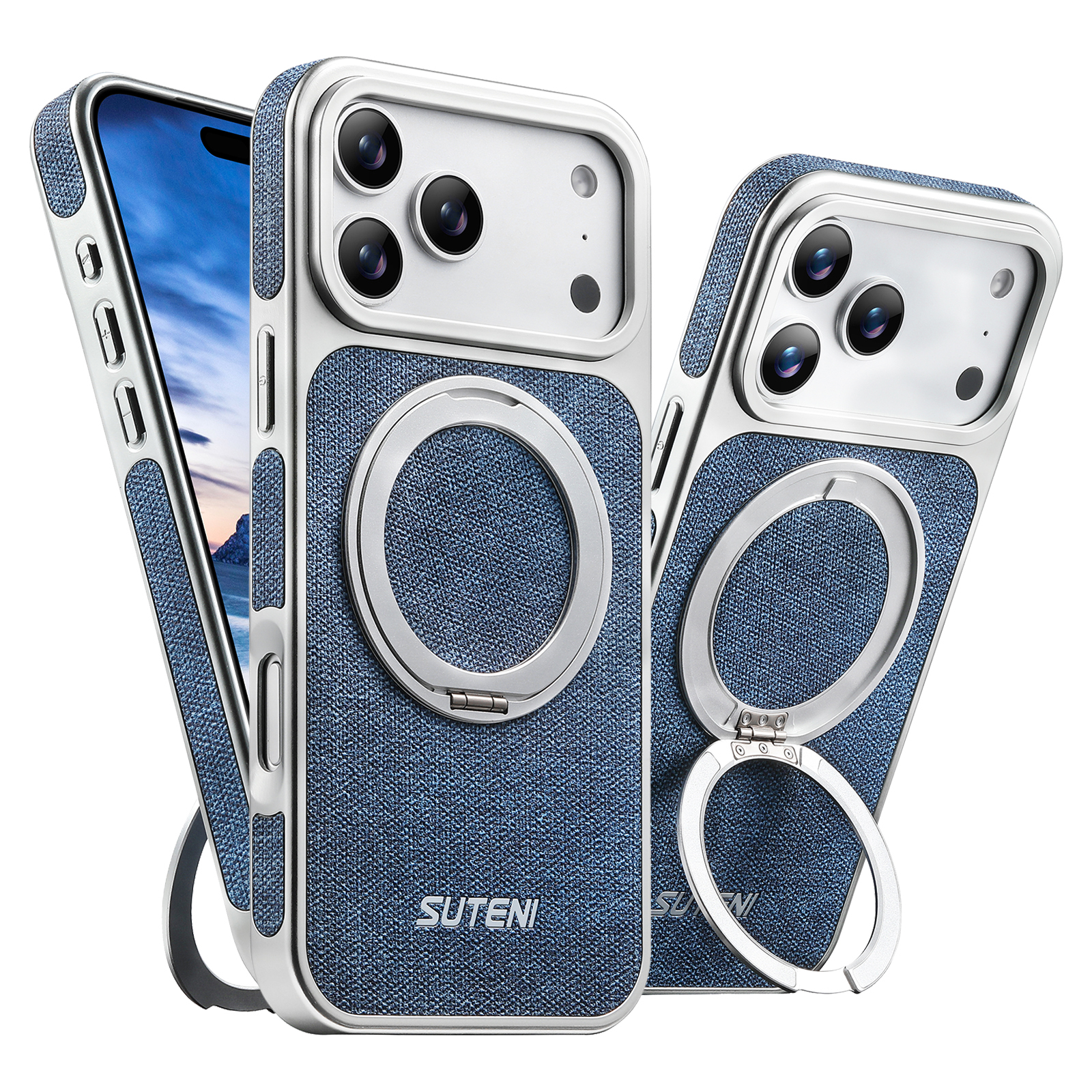 SUTENI G6NZ Faux Leather Magnet Wireless Charging Phone Case 360° Rotating Stand Ring Buckle Frosted Feel For iPhone 17 Pro Max 16 15 14 13