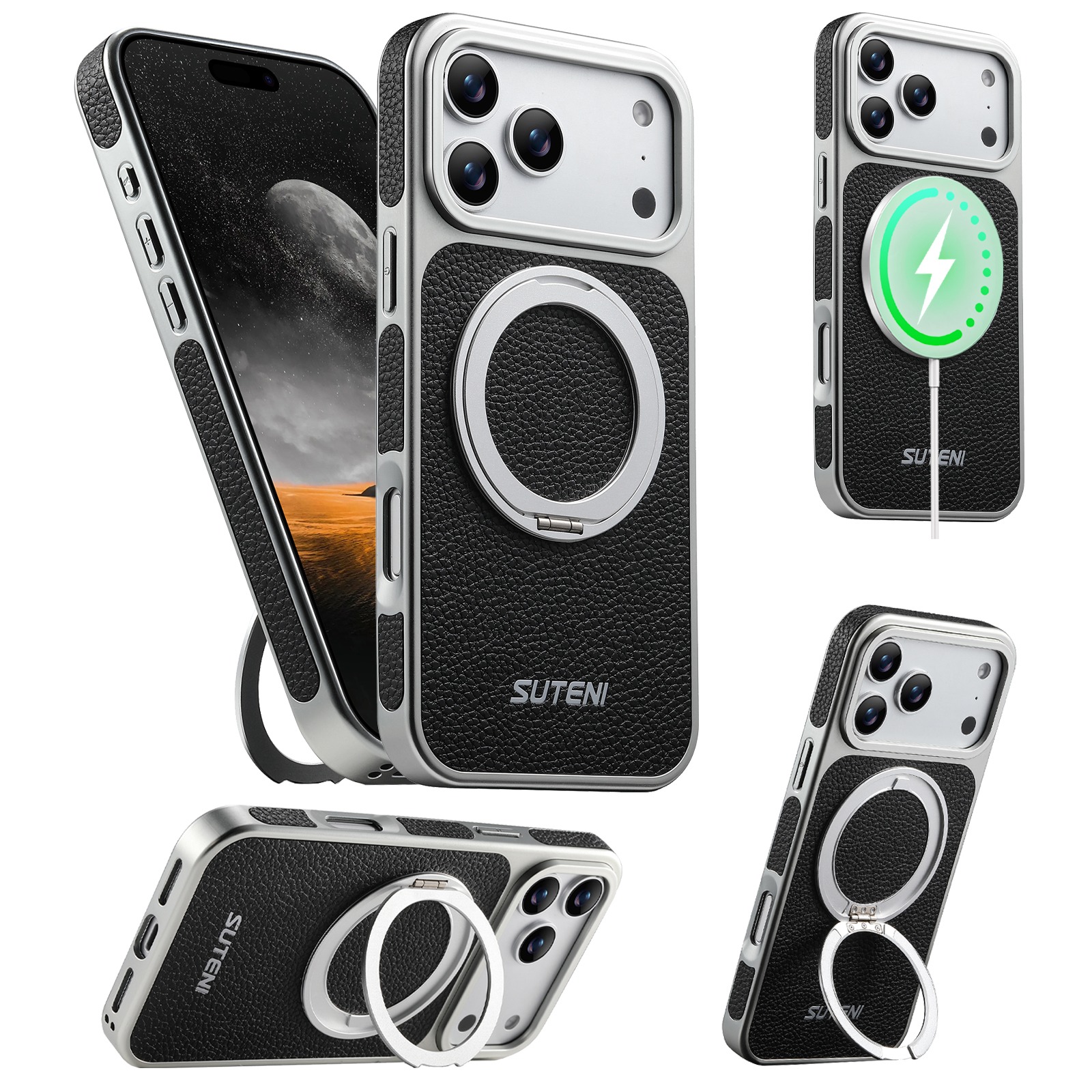 SUTENI G6DLZ Faux Leather Magnet Wireless Charging Phone Case 360° Rotating Stand Ring Buckle Frosted Feel For iPhone 17 Pro Max 16 15 14 13