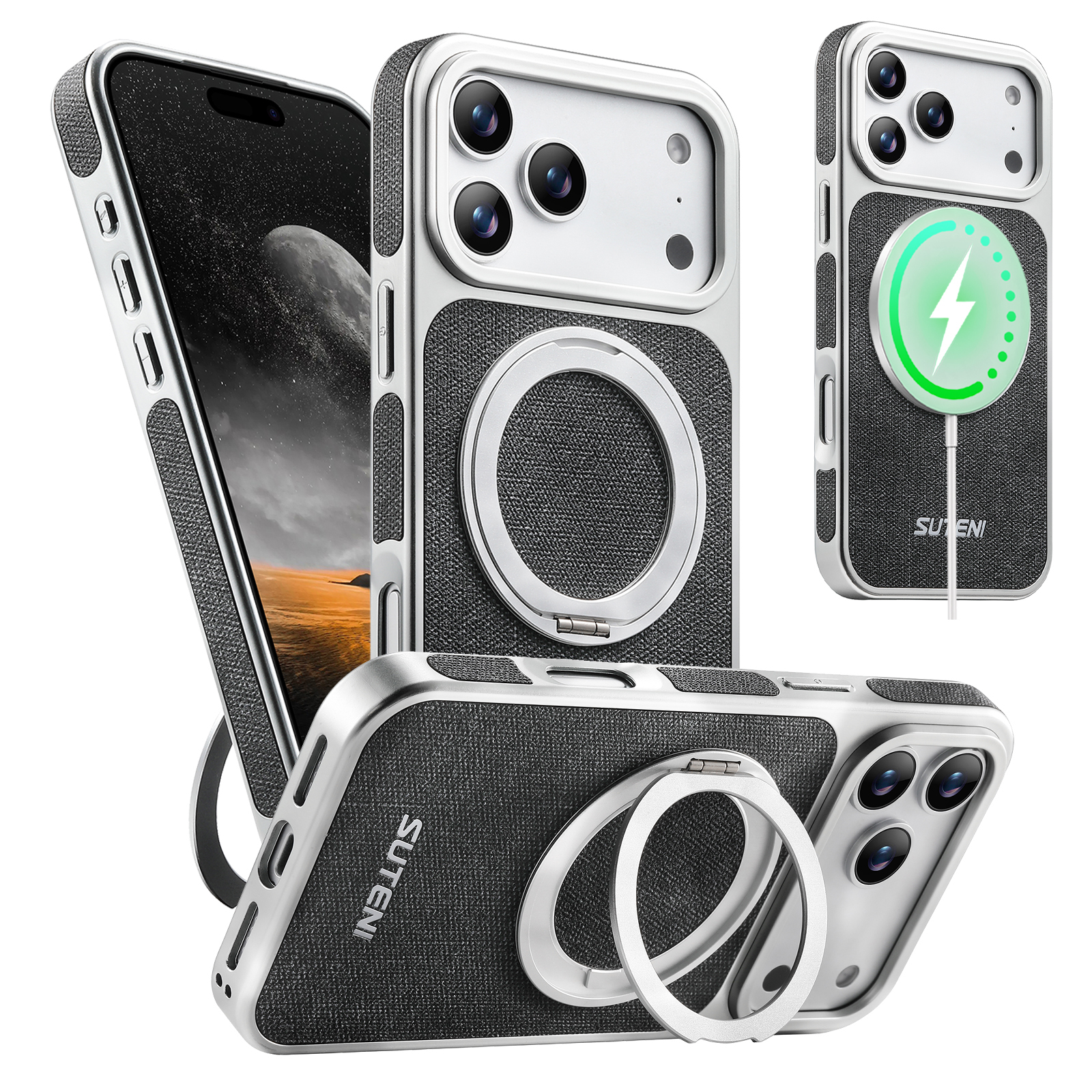 SUTENI G6NZ Faux Leather Magnet Wireless Charging Phone Case 360° Rotating Stand Ring Buckle Frosted Feel For iPhone 17 Pro Max 16 15 14 13
