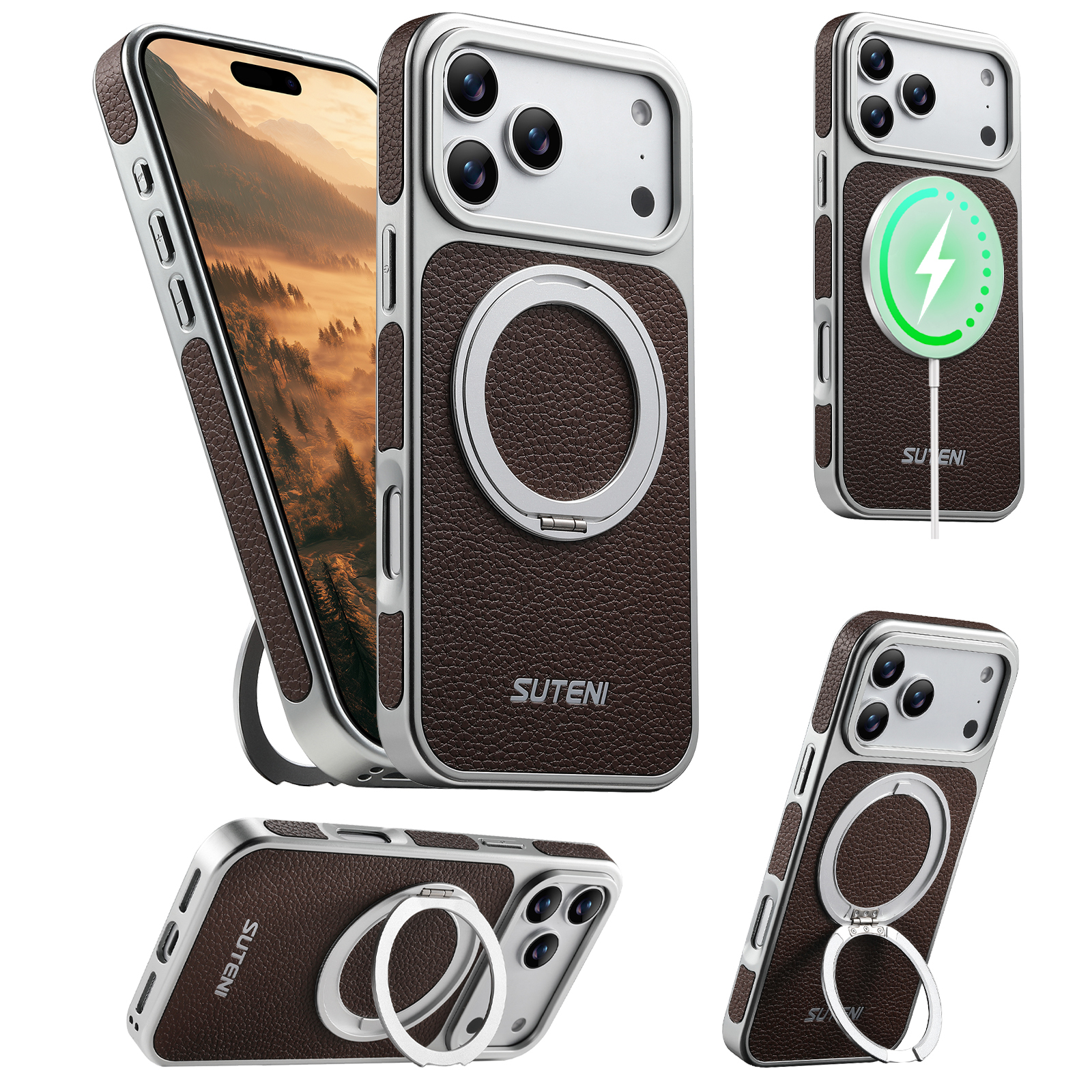 SUTENI G6DLZ Faux Leather Magnet Wireless Charging Phone Case 360° Rotating Stand Ring Buckle Frosted Feel For iPhone 17 Pro Max 16 15 14 13