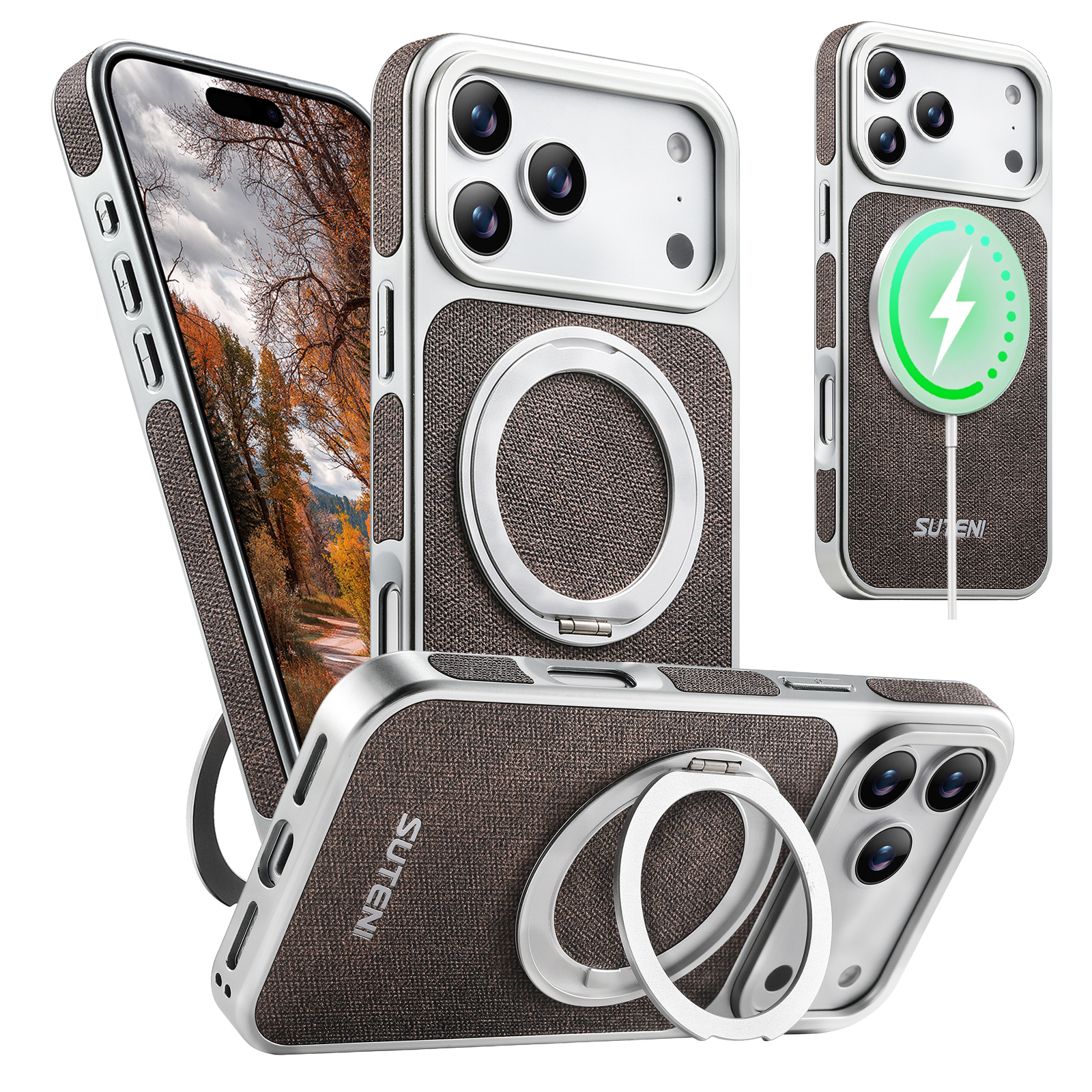 SUTENI G6NZ Faux Leather Magnet Wireless Charging Phone Case 360° Rotating Stand Ring Buckle Frosted Feel For iPhone 17 Pro Max 16 15 14 13