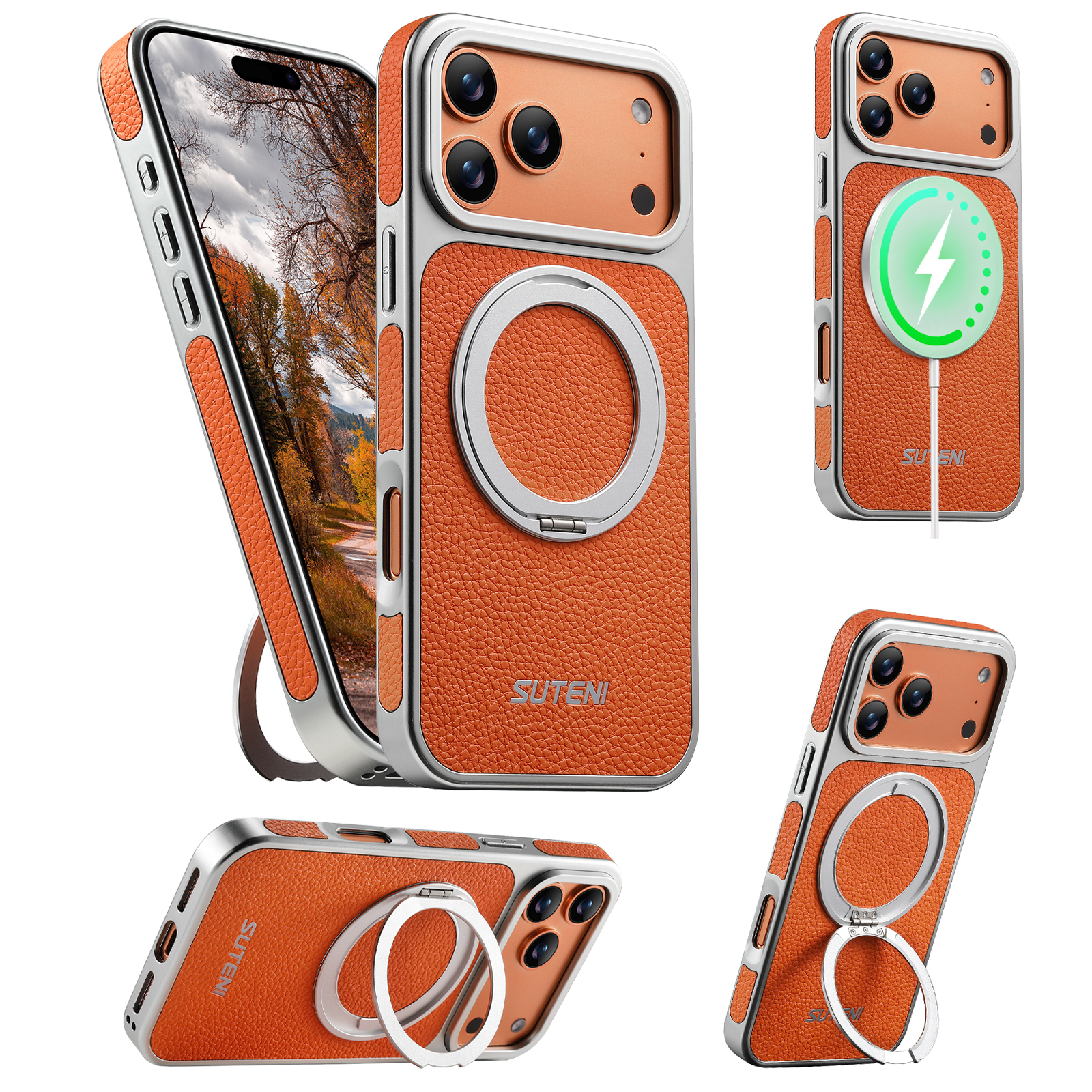 SUTENI G6DLZ Faux Leather Magnet Wireless Charging Phone Case 360° Rotating Stand Ring Buckle Frosted Feel For iPhone 17 Pro Max 16 15 14 13