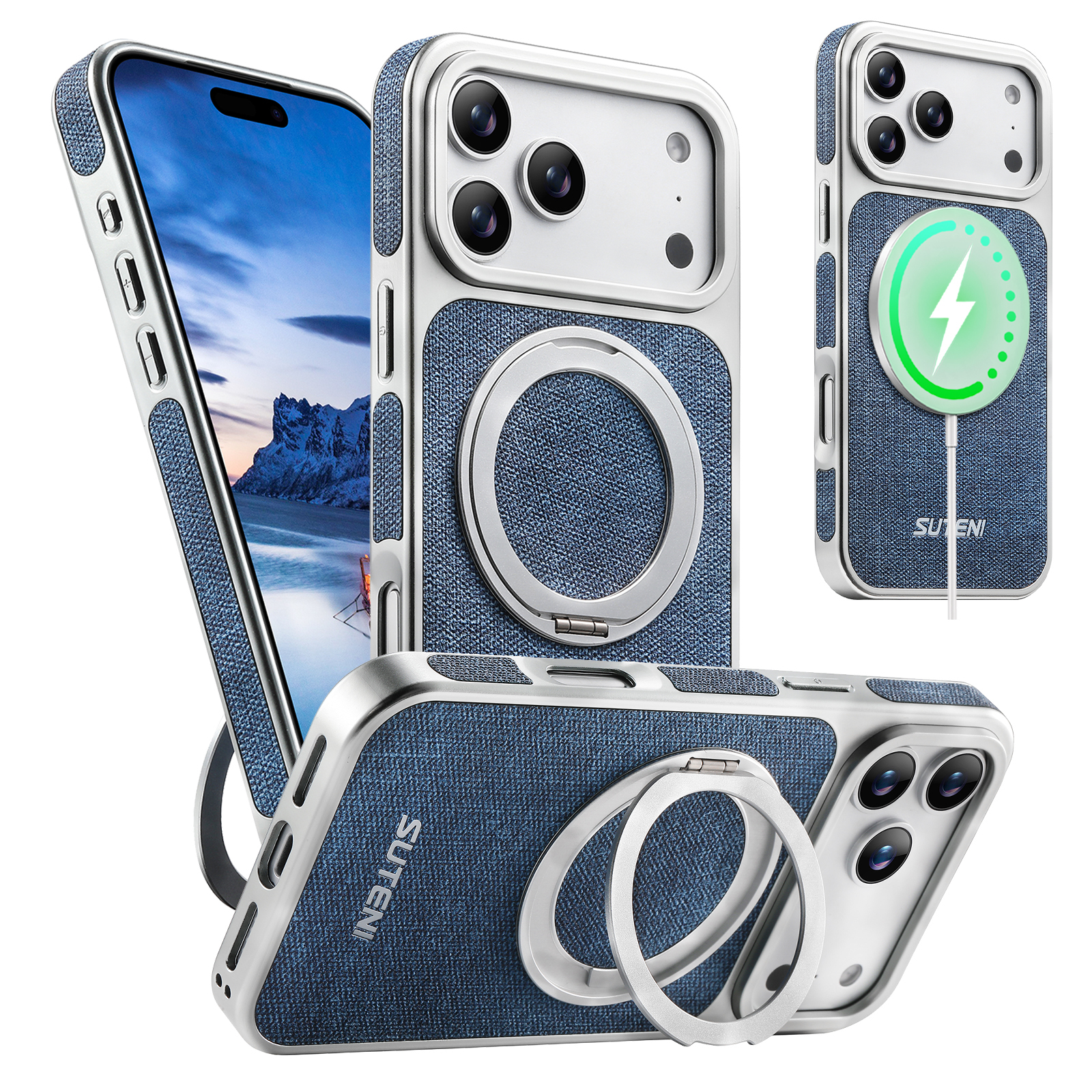 SUTENI G6NZ Faux Leather Magnet Wireless Charging Phone Case 360° Rotating Stand Ring Buckle Frosted Feel For iPhone 17 Pro Max 16 15 14 13