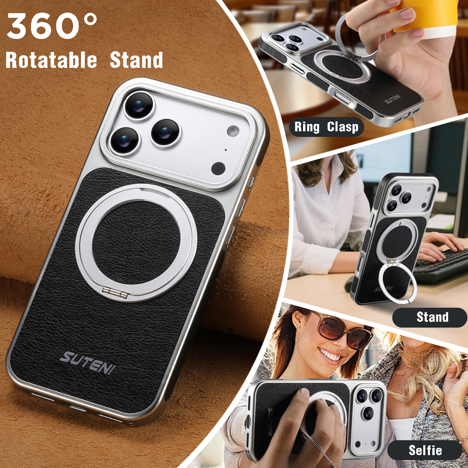 SUTENI G6FM Faux Leather Magnet Wireless Charging Phone Case 360° Rotating Stand Ring Buckle Frosted Feel For iPhone 17 Pro Max 16 15 14 13