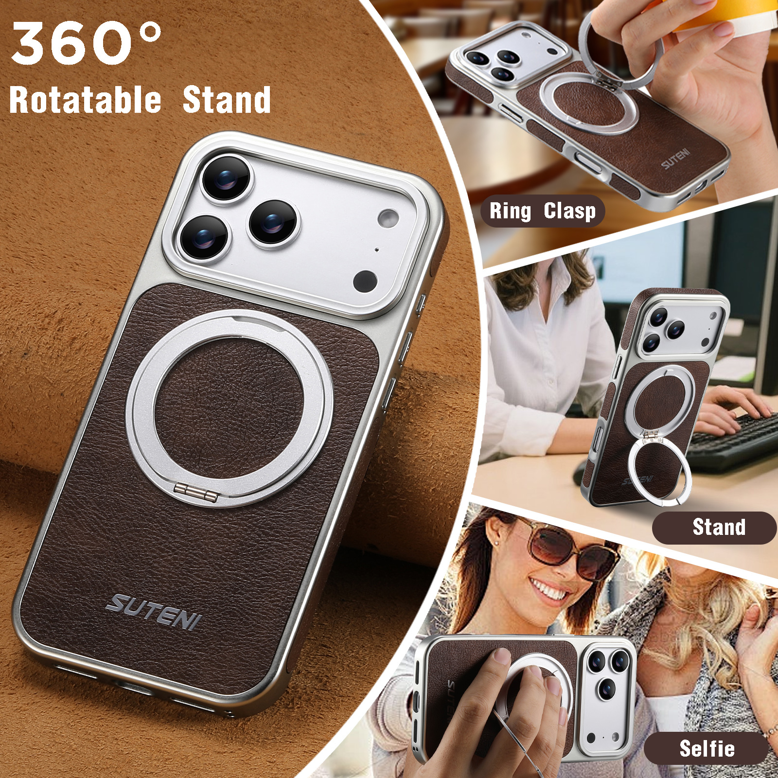 SUTENI G6FM Faux Leather Magnet Wireless Charging Phone Case 360° Rotating Stand Ring Buckle Frosted Feel For iPhone 17 Pro Max 16 15 14 13