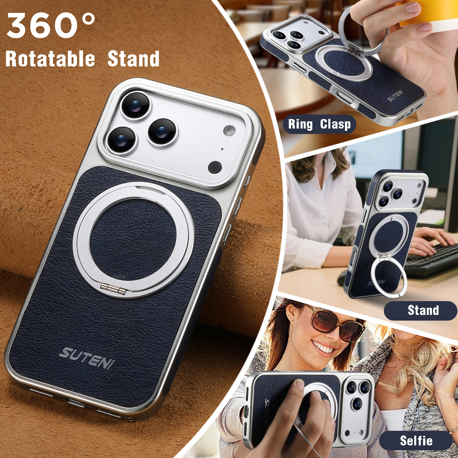 SUTENI G6FM Faux Leather Magnet Wireless Charging Phone Case 360° Rotating Stand Ring Buckle Frosted Feel For iPhone 17 Pro Max 16 15 14 13