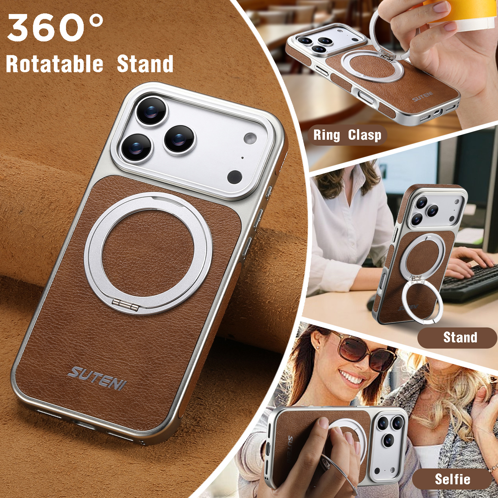 SUTENI G6FM Faux Leather Magnet Wireless Charging Phone Case 360° Rotating Stand Ring Buckle Frosted Feel For iPhone 17 Pro Max 16 15 14 13