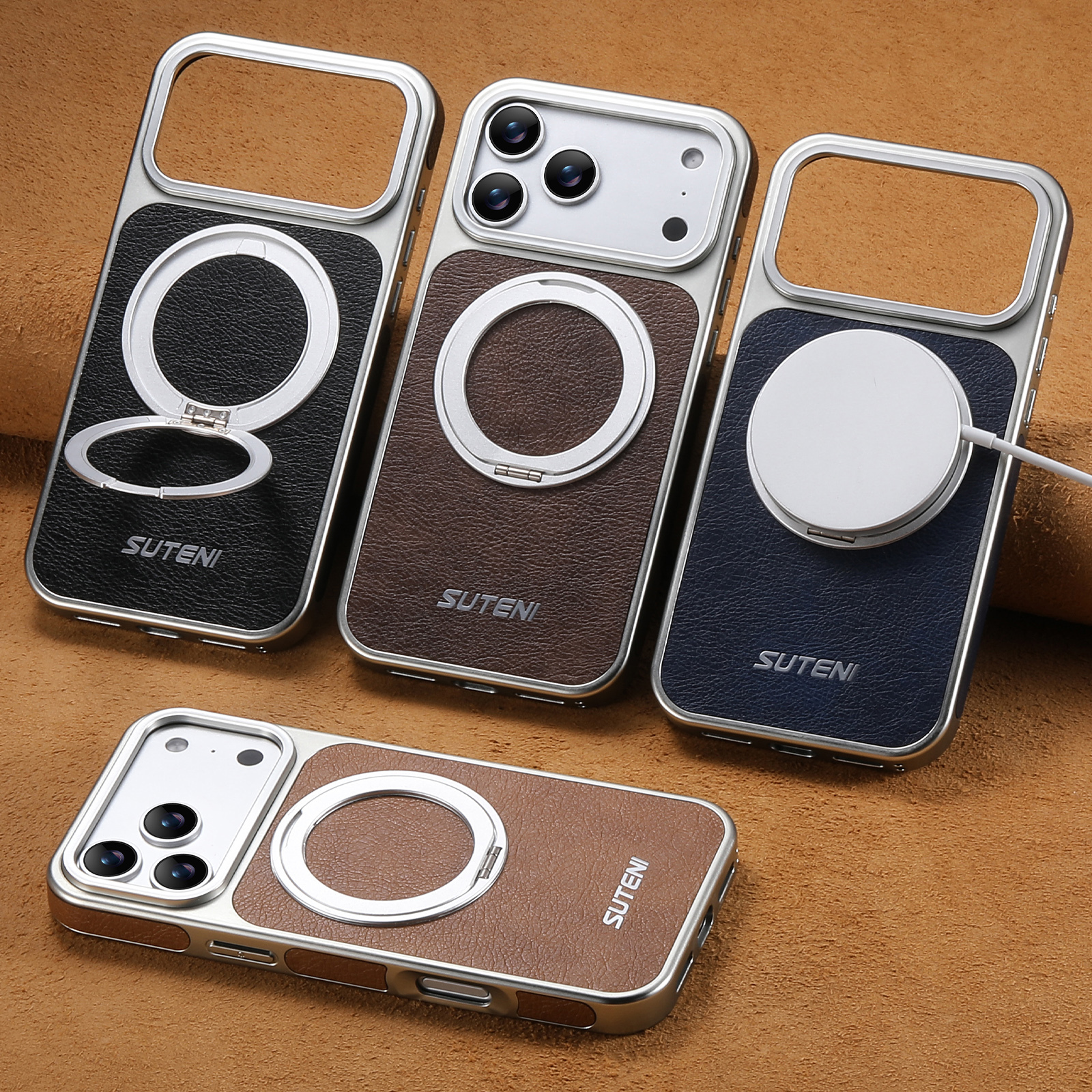 SUTENI G6FM Faux Leather Magnet Wireless Charging Phone Case 360° Rotating Stand Ring Buckle Frosted Feel For iPhone 17 Pro Max 16 15 14 13