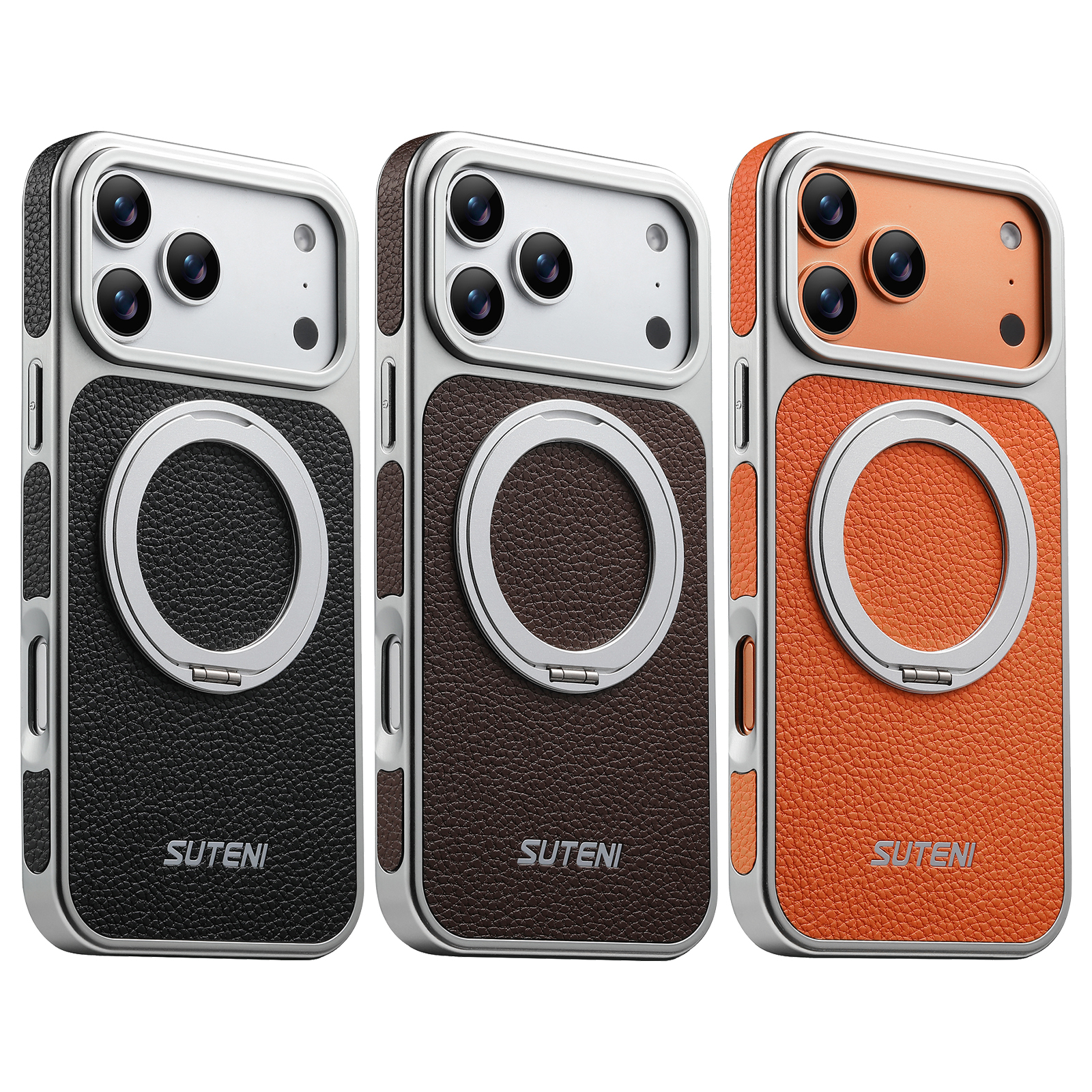 SUTENI G6DLZ Faux Leather Magnet Wireless Charging Phone Case 360° Rotating Stand Ring Buckle Frosted Feel For iPhone 17 Pro Max 16 15 14 13