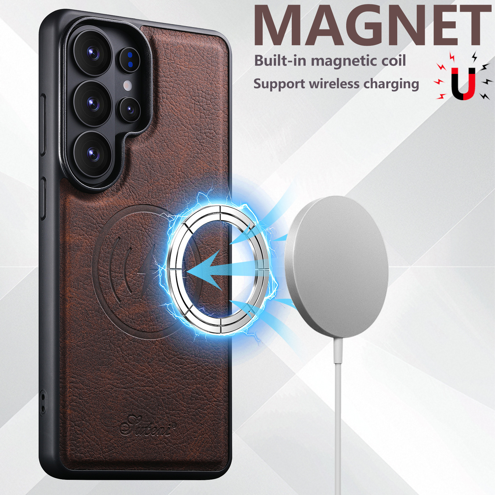 SUTENI H16DK Luxury Faux Leather Phone Case Magnet Wireless Charging Frosted Feel For Samsung Galaxy S26 Ultra S25 Plus S24 S23 S22 Note20