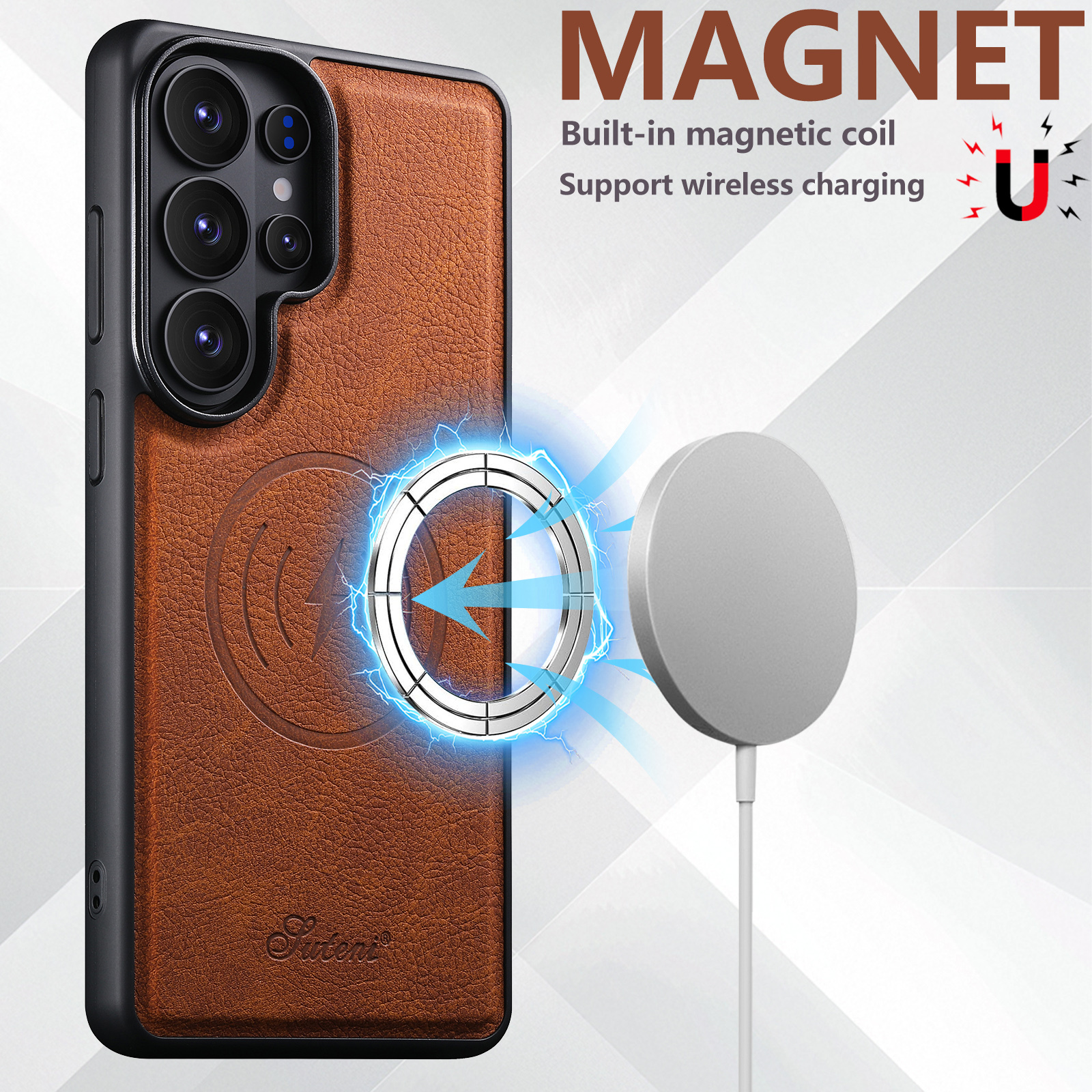 SUTENI H16DK Luxury Faux Leather Phone Case Magnet Wireless Charging Frosted Feel For Samsung Galaxy S26 Ultra S25 Plus S24 S23 S22 Note20