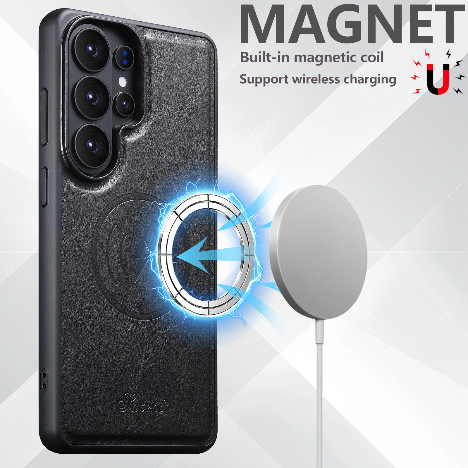 SUTENI H15DK Magnet Wireless Charging Faux Leather Card Holder Stand Picture frame Phone Case For Samsung Galaxy S26 Ultra S25 Plus S24 S23 S22 Note20