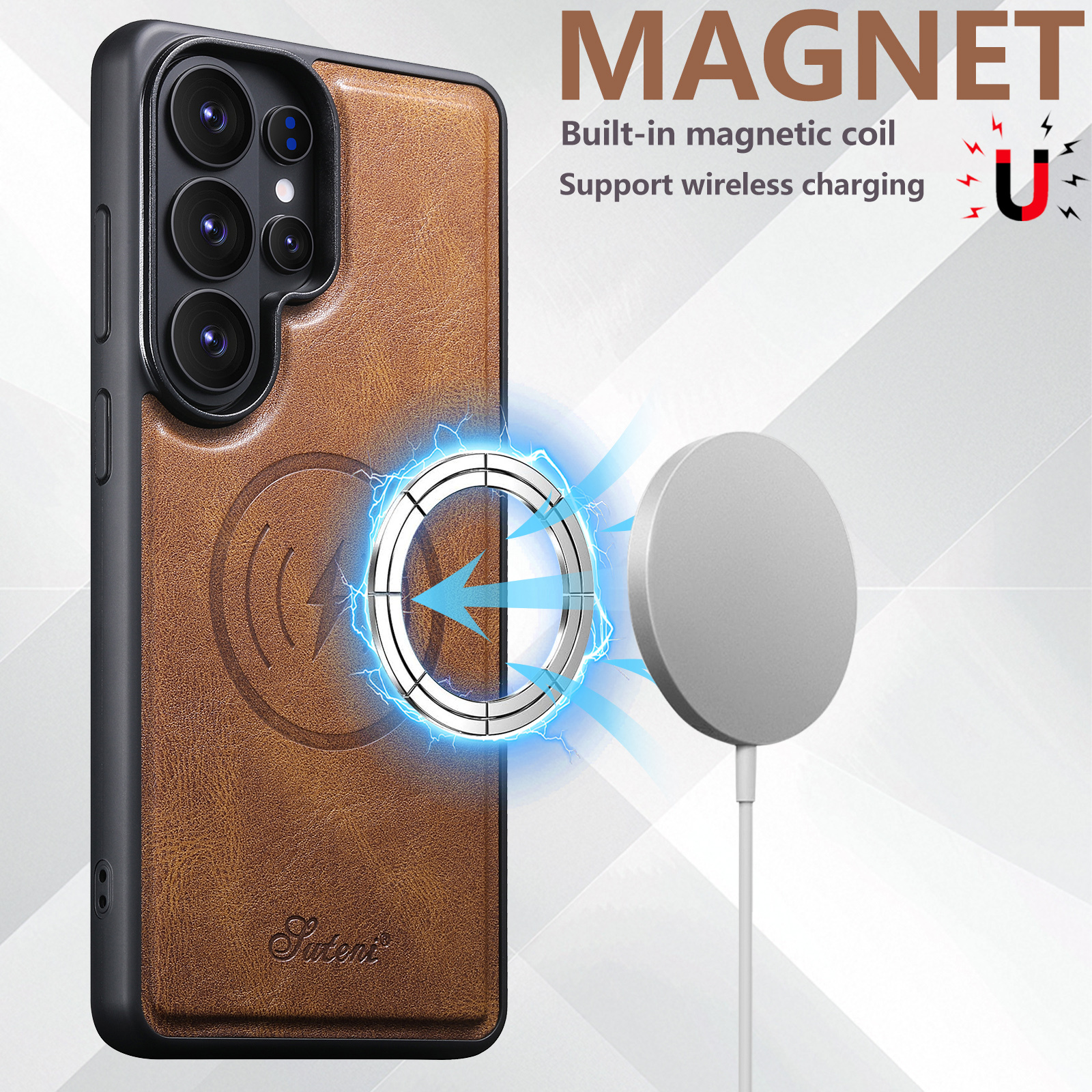 SUTENI H15DK Magnet Wireless Charging Faux Leather Card Holder Stand Picture frame Phone Case For Samsung Galaxy S26 Ultra S25 Plus S24 S23 S22 Note20