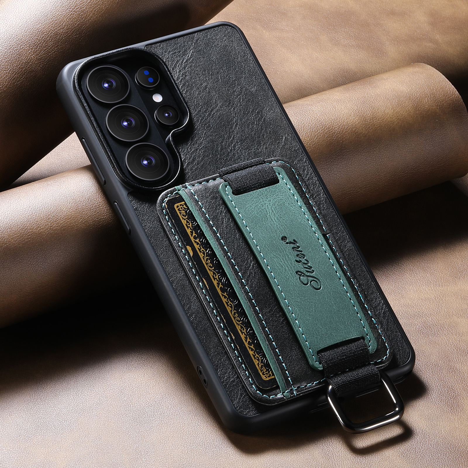 SUTENI H13YL Phone Case Wrist Strap Ring Buckle Faux Leather Card Holder Stand For Samsung Galaxy S26 Ultra S25 Plus S24 S23 S22 Note20