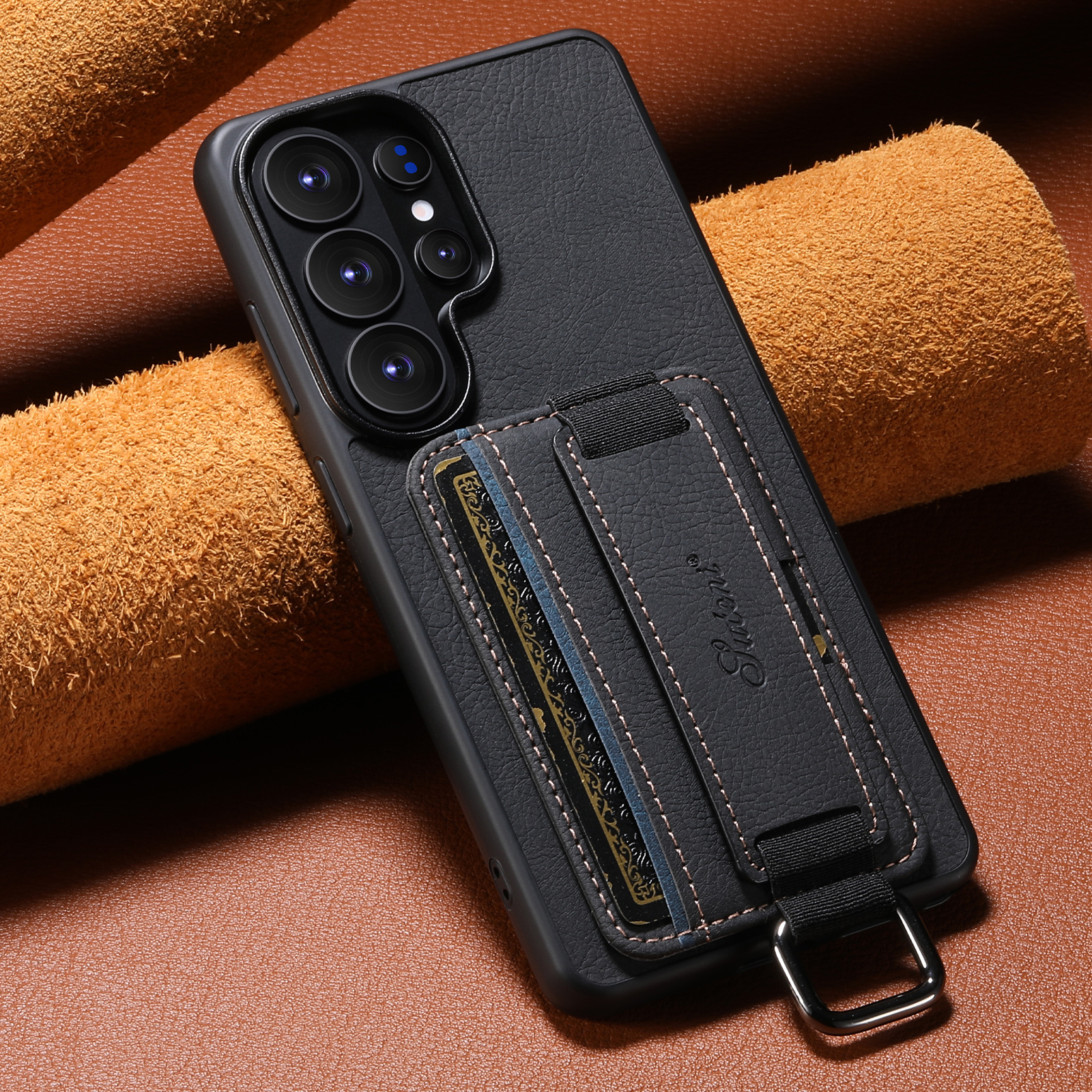 SUTENI H13LZ Faux Leather Phone Case Wrist Strap Ring Buckle Card Holder Stand For Samsung Galaxy S26 Ultra S25 Plus S24 S23 S22 Note20