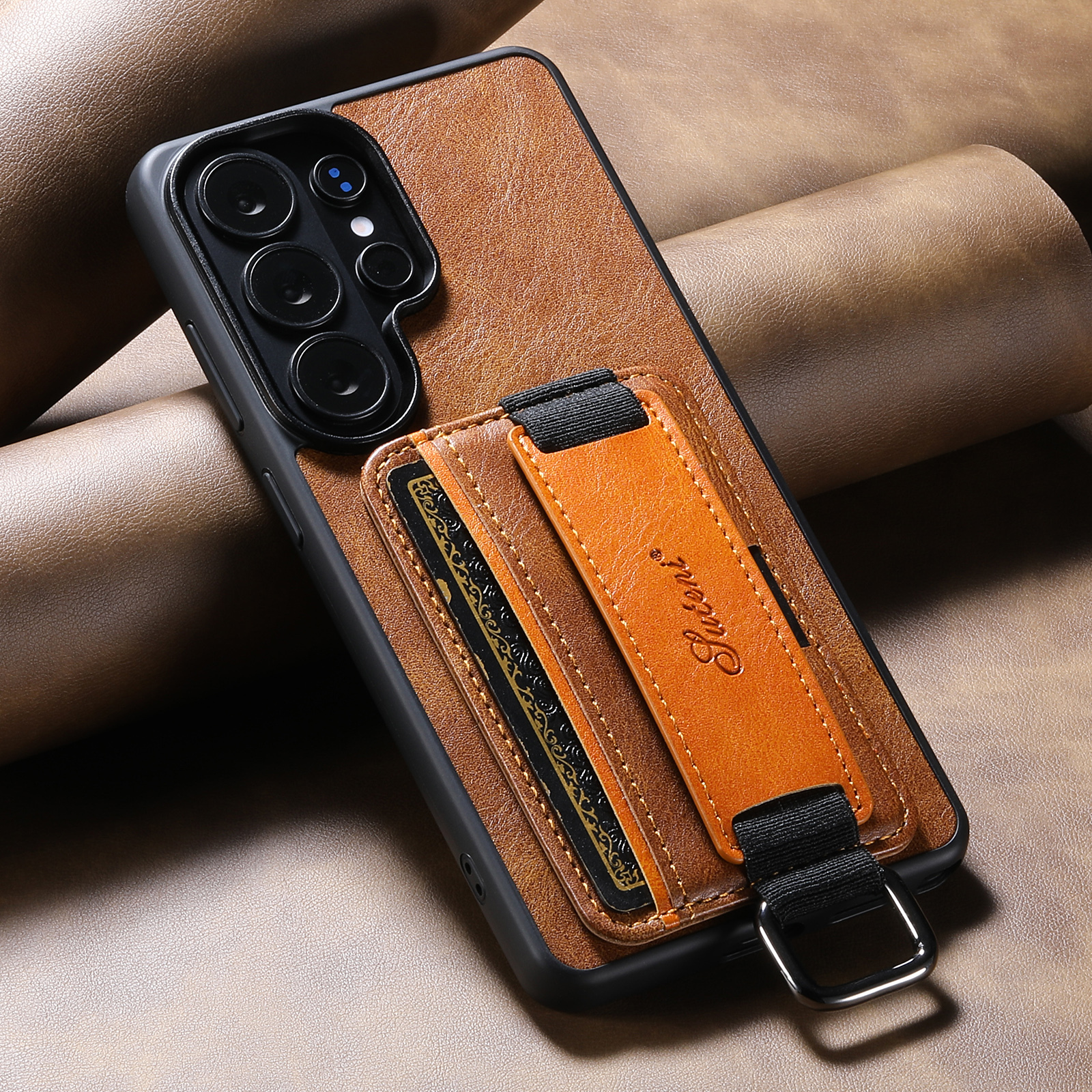 SUTENI H13YL Phone Case Wrist Strap Ring Buckle Faux Leather Card Holder Stand For Samsung Galaxy S26 Ultra S25 Plus S24 S23 S22 Note20