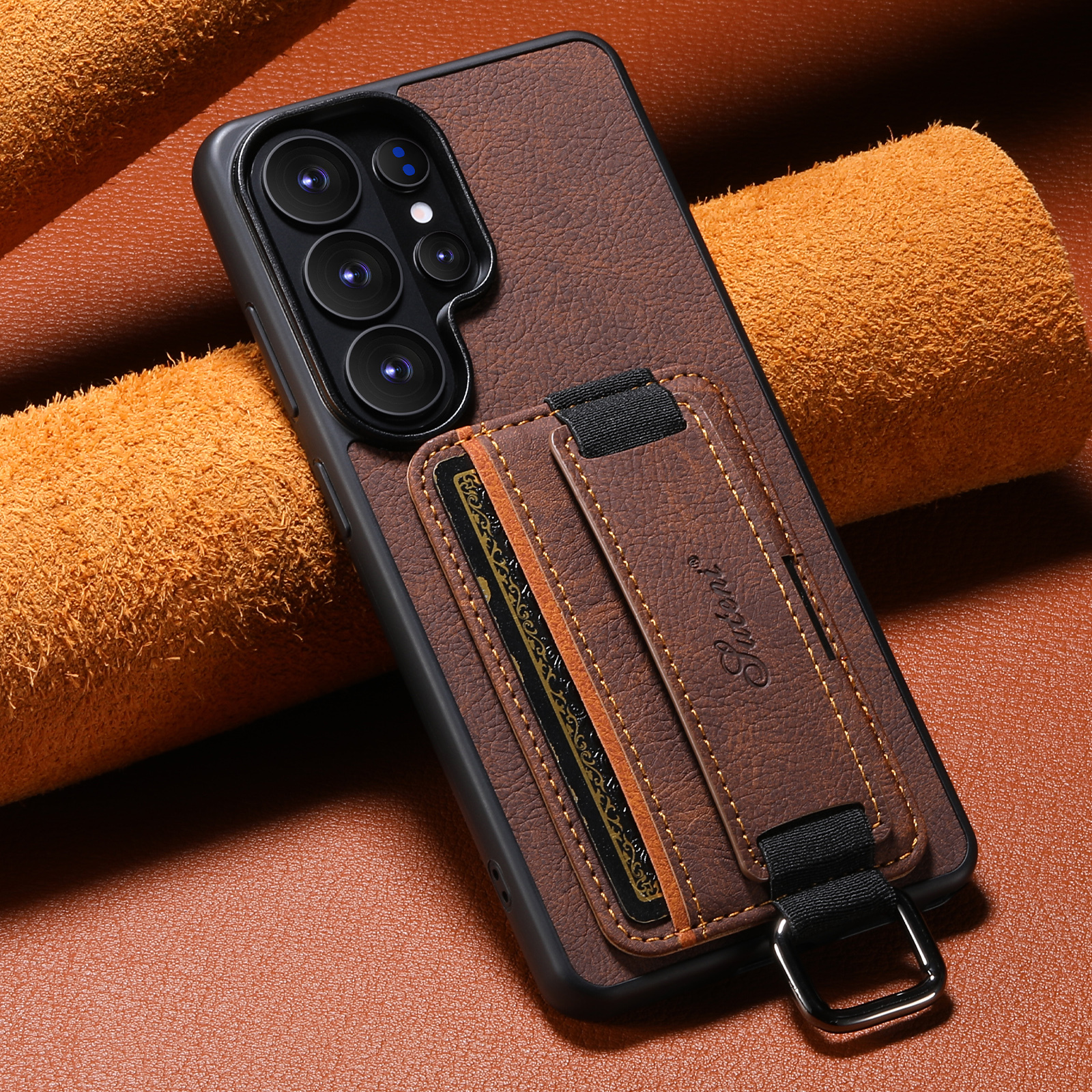 SUTENI H13LZ Faux Leather Phone Case Wrist Strap Ring Buckle Card Holder Stand For Samsung Galaxy S26 Ultra S25 Plus S24 S23 S22 Note20