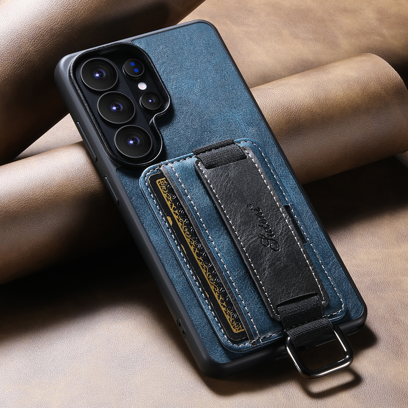 SUTENI H13YL Phone Case Wrist Strap Ring Buckle Faux Leather Card Holder Stand For Samsung Galaxy S26 Ultra S25 Plus S24 S23 S22 Note20