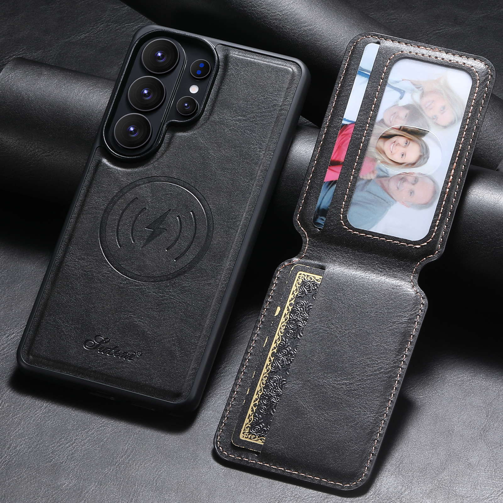 SUTENI H15 Magnet Wireless Charging Faux Leather Card Holder Stand Picture frame Phone Case For Samsung Galaxy S26 Ultra S25 Plus S24 S23 S22 Note20
