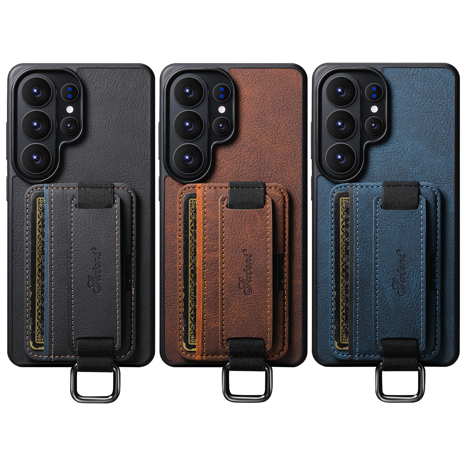 SUTENI H13LZ PU Leather Phone Case Wrist Strap Ring Buckle Card Holder Stand For Samsung S25Ultra S24Plus S23 S22 Note20
