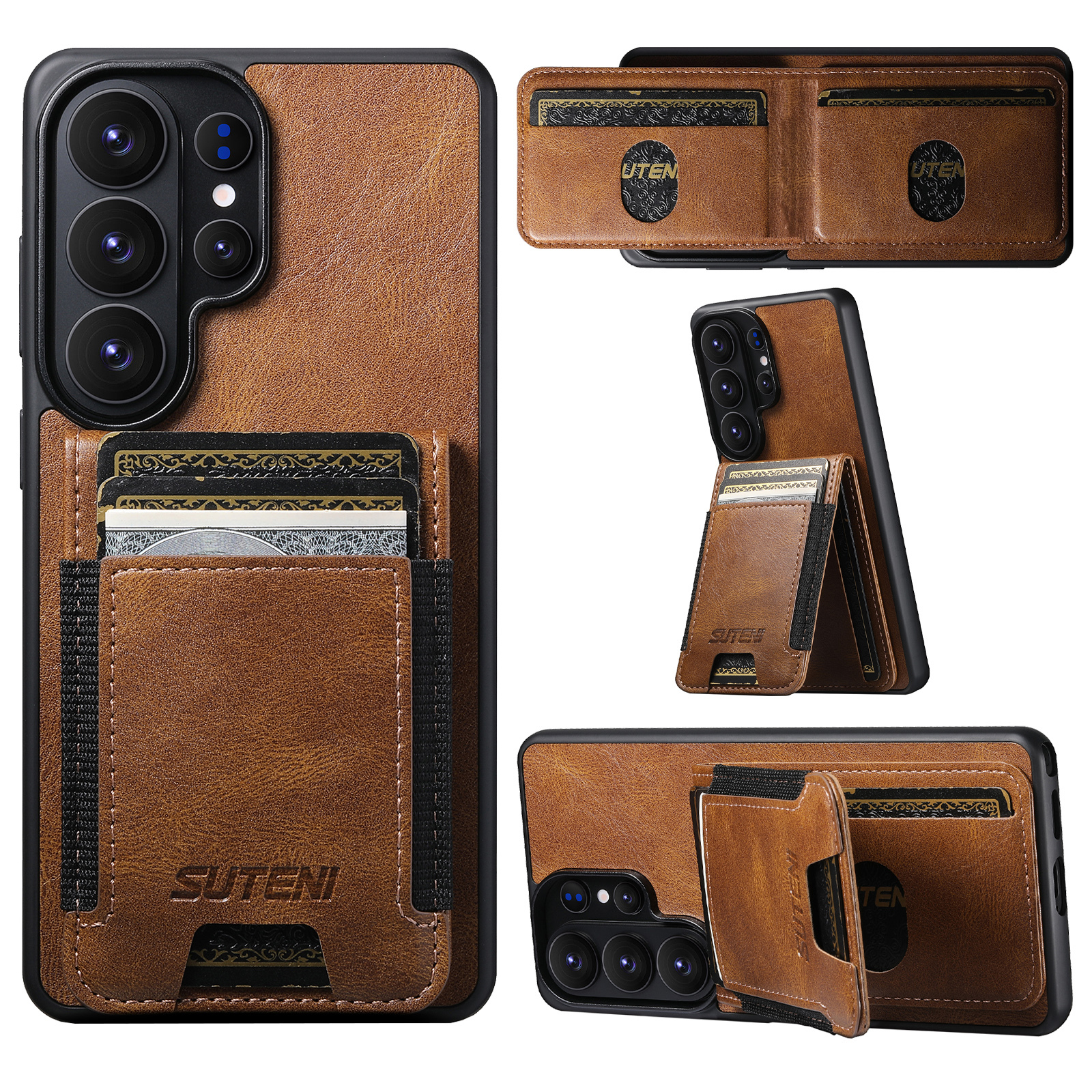 SUTENI H03YL Card Holder Phone Case Luxury Faux Leather Stand For Samsung Galaxy S26 Ultra S25 Plus S24 S23 S22 Note20