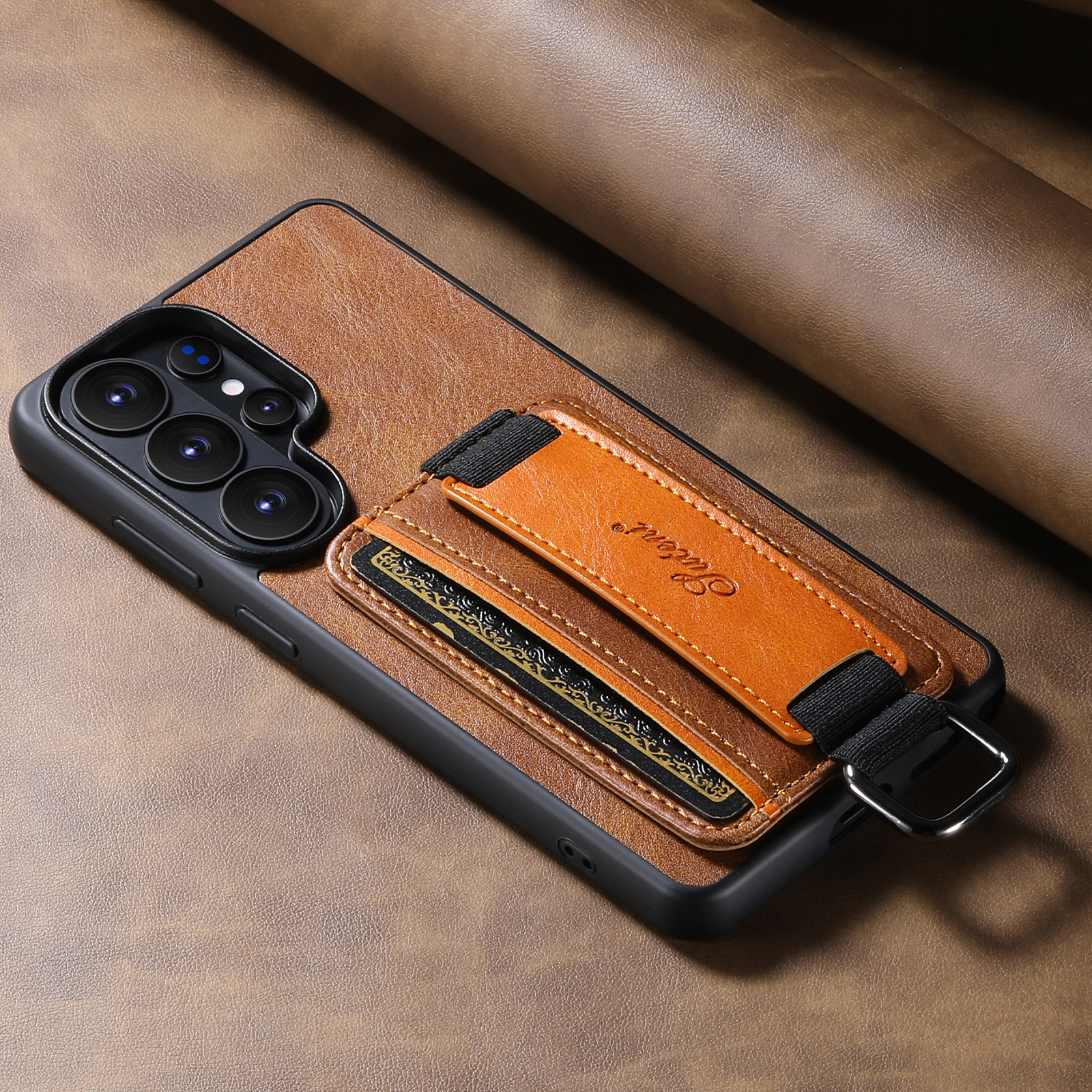 SUTENI H13YL Phone Case Wrist Strap Ring Buckle Faux Leather Card Holder Stand For Samsung Galaxy S26 Ultra S25 Plus S24 S23 S22 Note20
