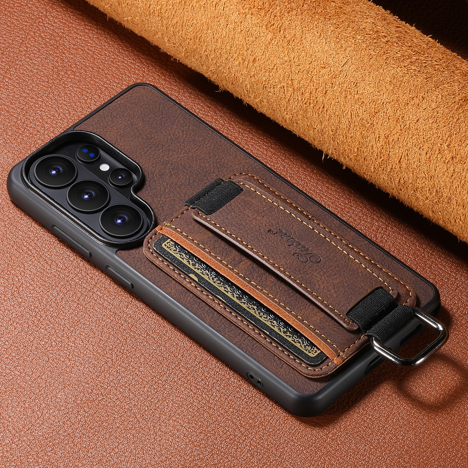 SUTENI H13LZ Faux Leather Phone Case Wrist Strap Ring Buckle Card Holder Stand For Samsung Galaxy S26 Ultra S25 Plus S24 S23 S22 Note20