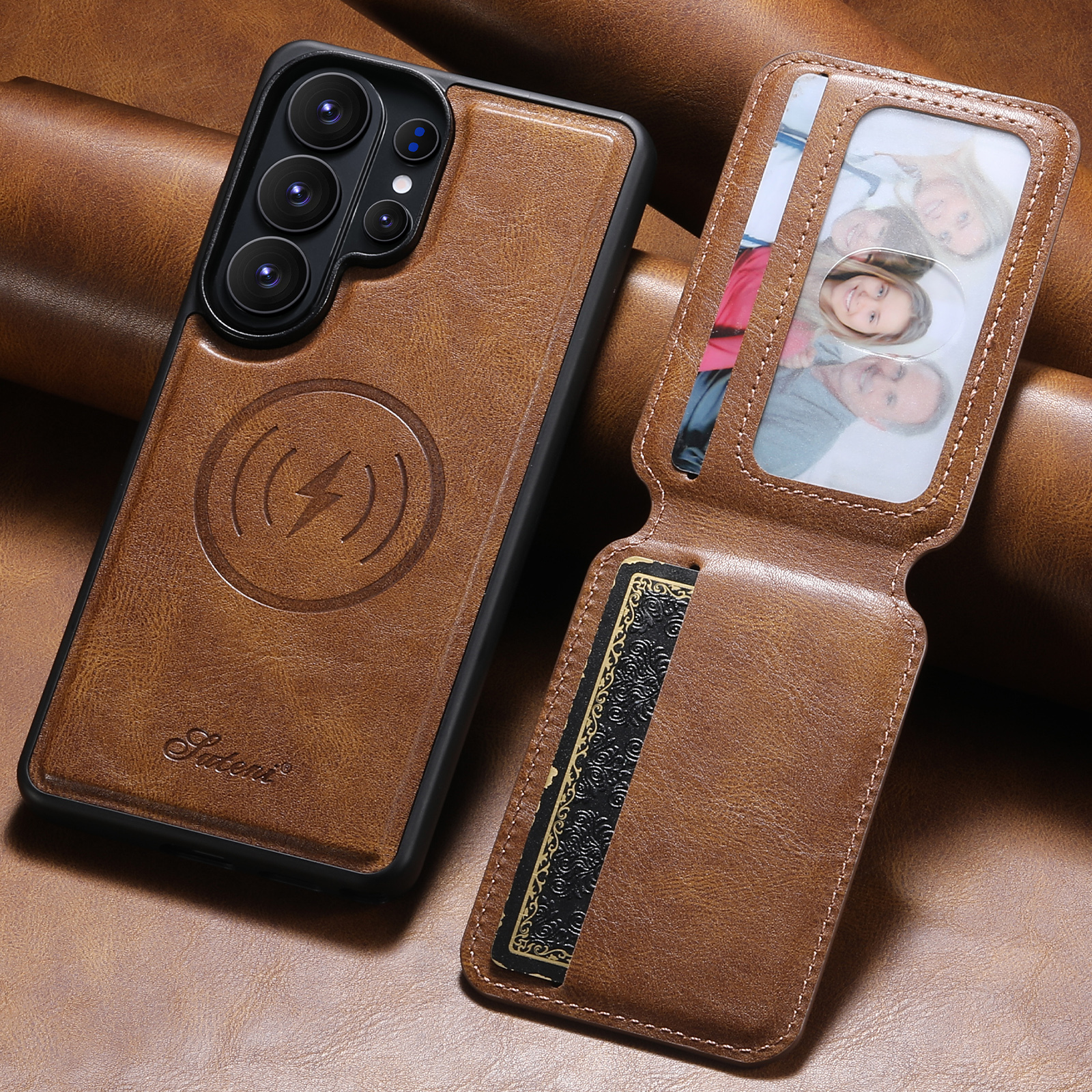 SUTENI H15 Magnet Wireless Charging Faux Leather Card Holder Stand Picture frame Phone Case For Samsung Galaxy S26 Ultra S25 Plus S24 S23 S22 Note20