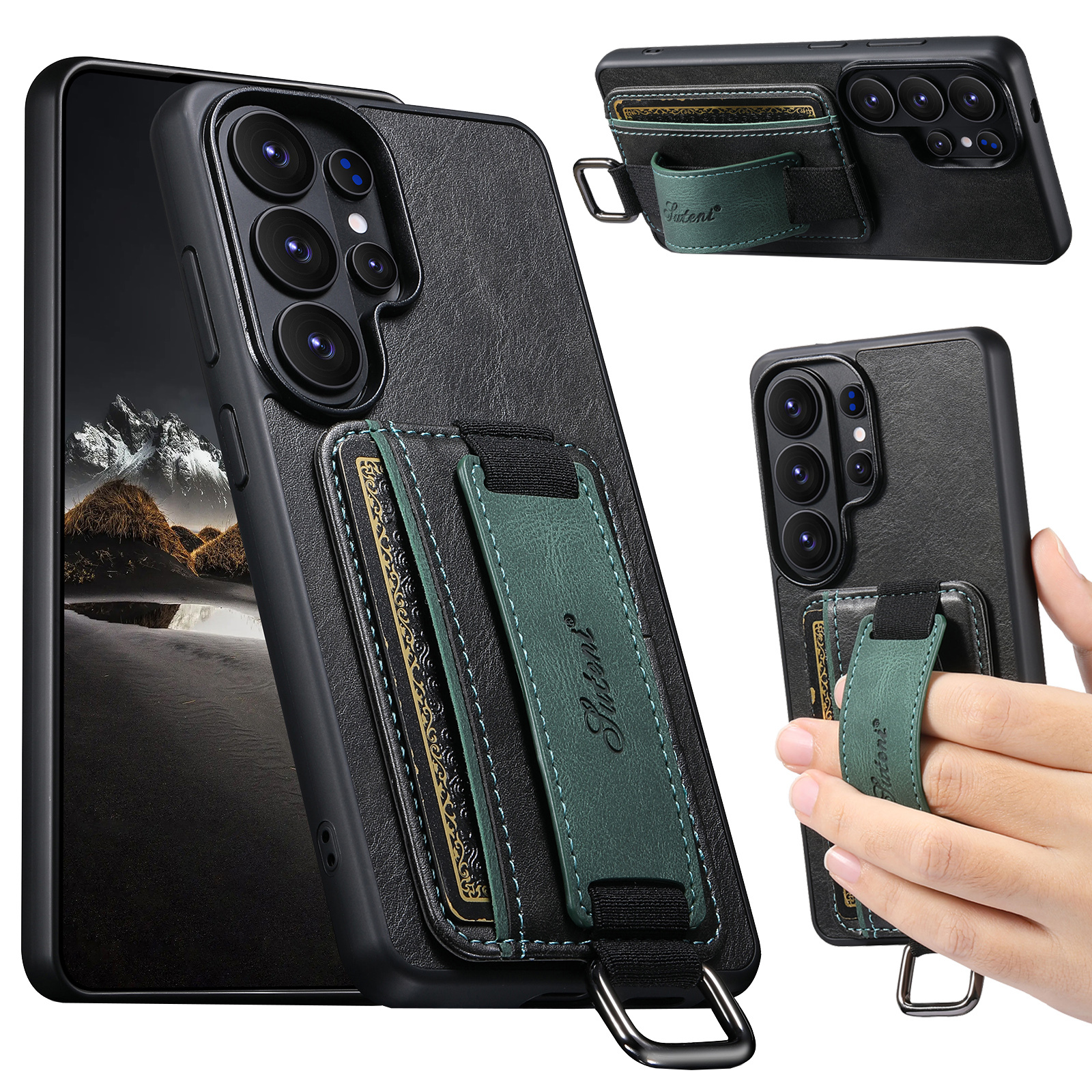 SUTENI H13YL Phone Case Wrist Strap Ring Buckle Faux Leather Card Holder Stand For Samsung Galaxy S26 Ultra S25 Plus S24 S23 S22 Note20