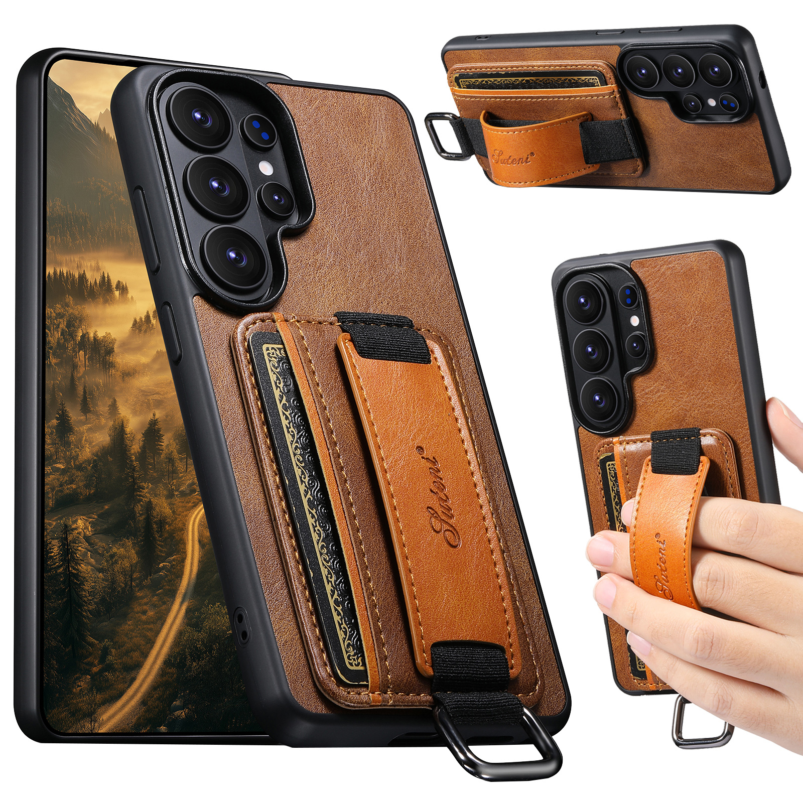 SUTENI H13YL Phone Case Wrist Strap Ring Buckle Faux Leather Card Holder Stand For Samsung Galaxy S26 Ultra S25 Plus S24 S23 S22 Note20