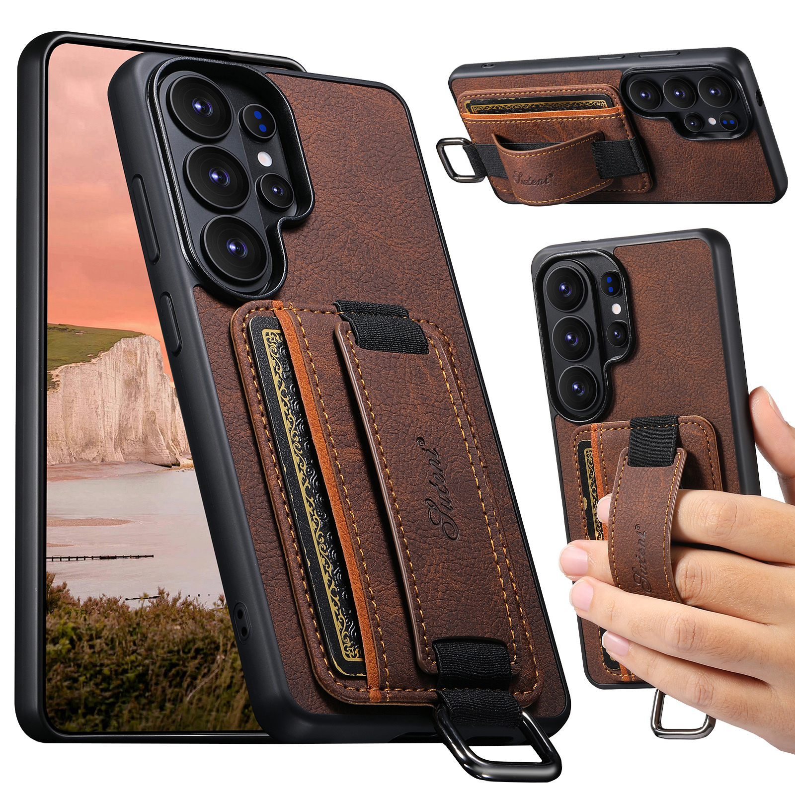 SUTENI H13LZ Faux Leather Phone Case Wrist Strap Ring Buckle Card Holder Stand For Samsung Galaxy S26 Ultra S25 Plus S24 S23 S22 Note20