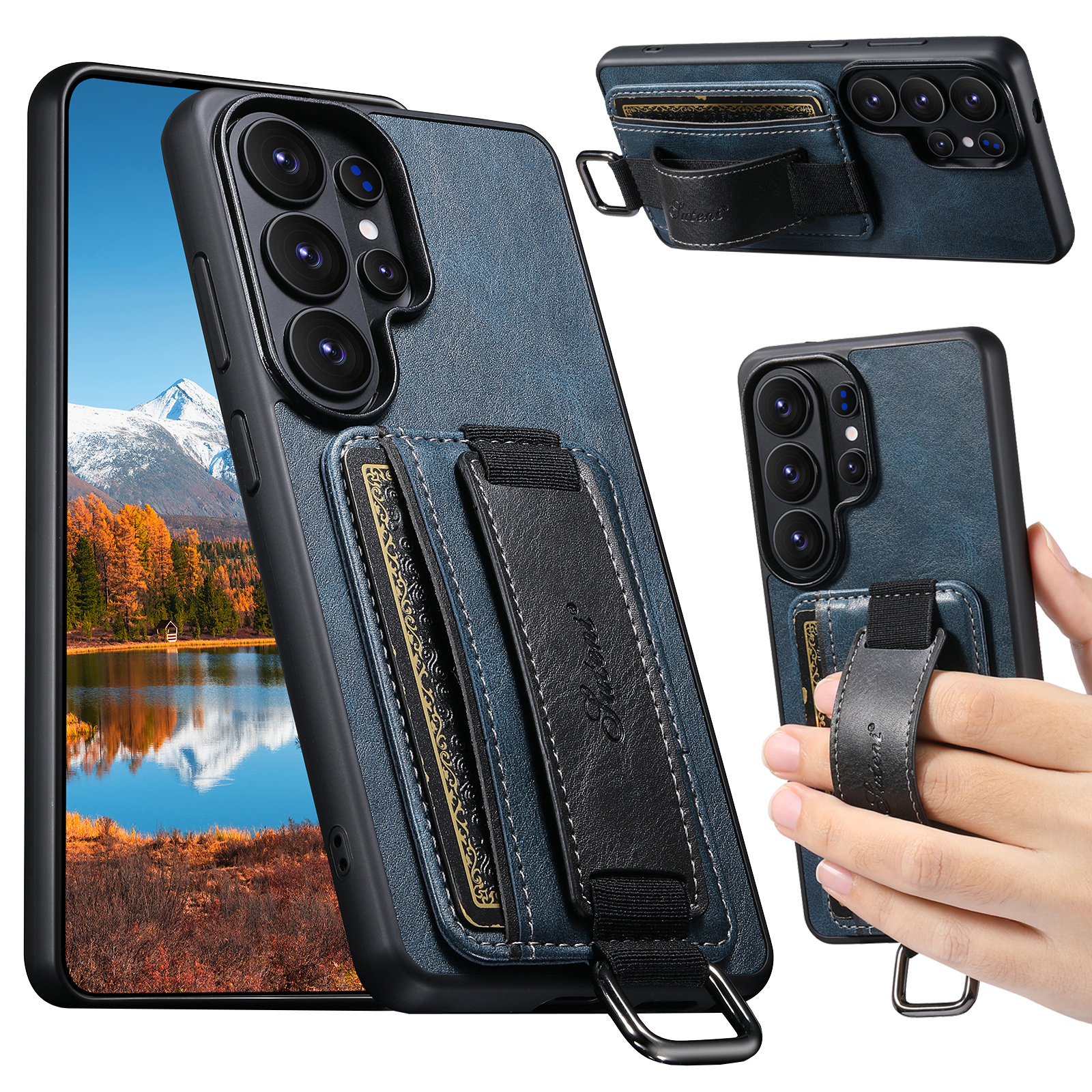 SUTENI H13YL Phone Case Wrist Strap Ring Buckle Faux Leather Card Holder Stand For Samsung Galaxy S26 Ultra S25 Plus S24 S23 S22 Note20