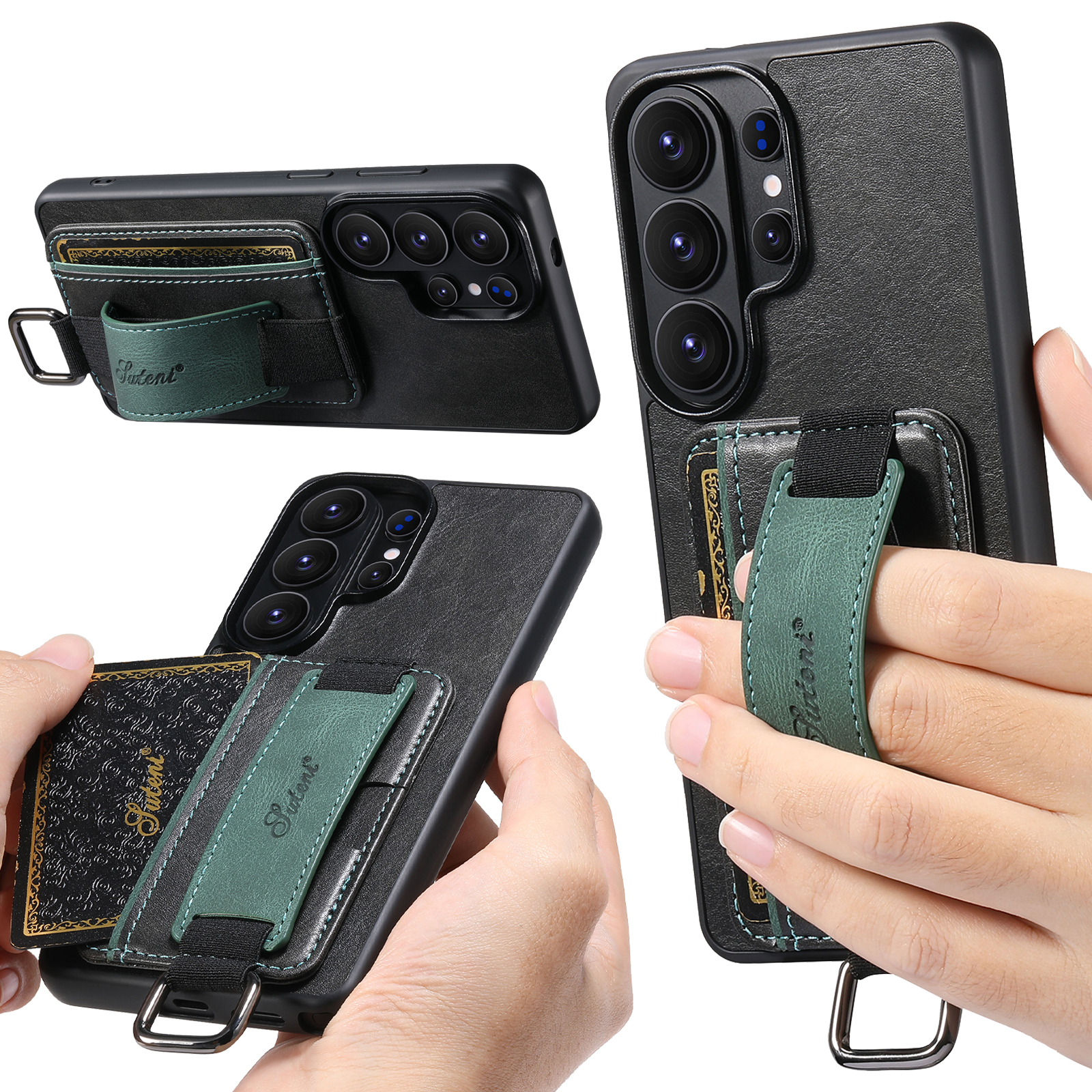 SUTENI H13YL Phone Case Wrist Strap Ring Buckle Faux Leather Card Holder Stand For Samsung Galaxy S26 Ultra S25 Plus S24 S23 S22 Note20