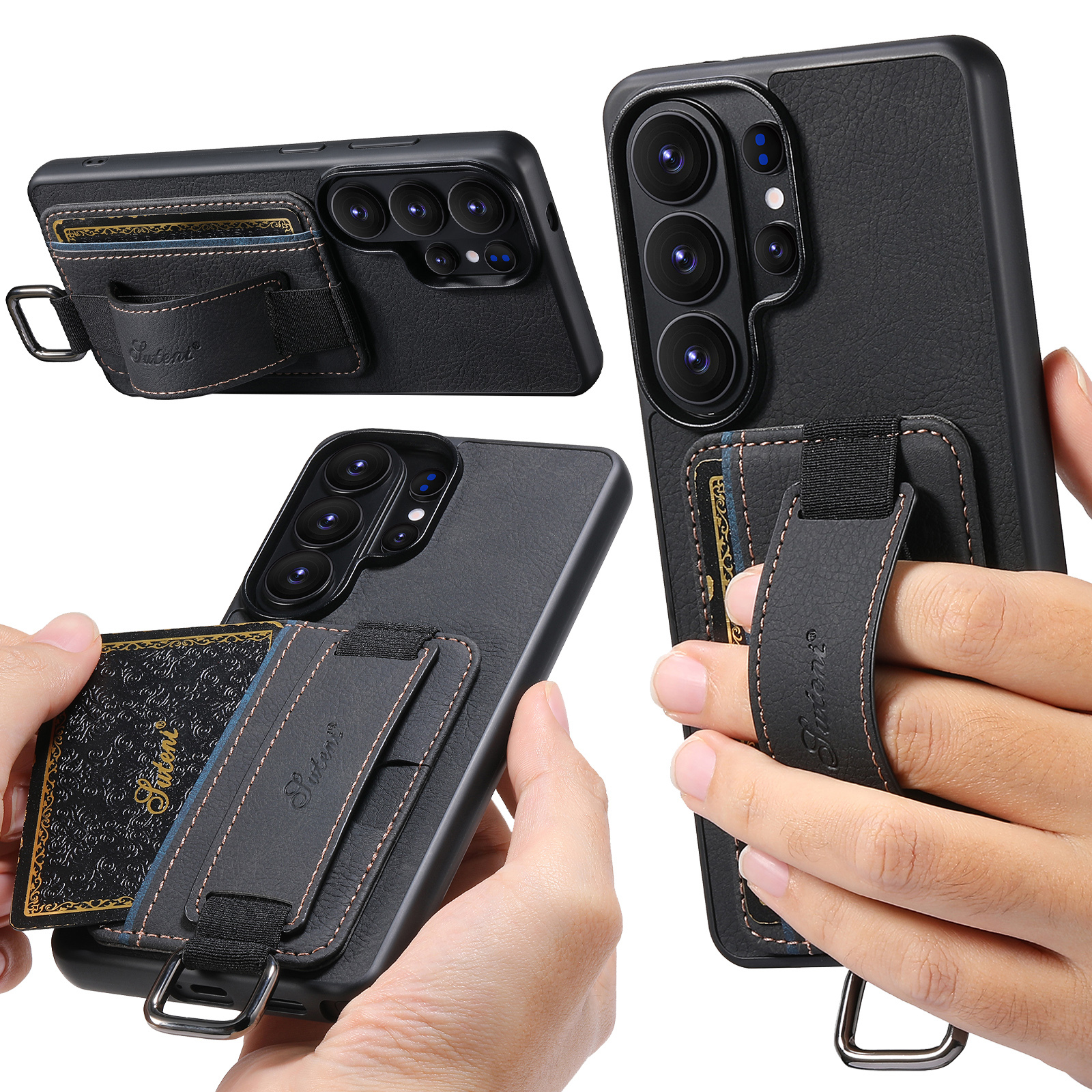 SUTENI H13LZ Faux Leather Phone Case Wrist Strap Ring Buckle Card Holder Stand For Samsung Galaxy S26 Ultra S25 Plus S24 S23 S22 Note20