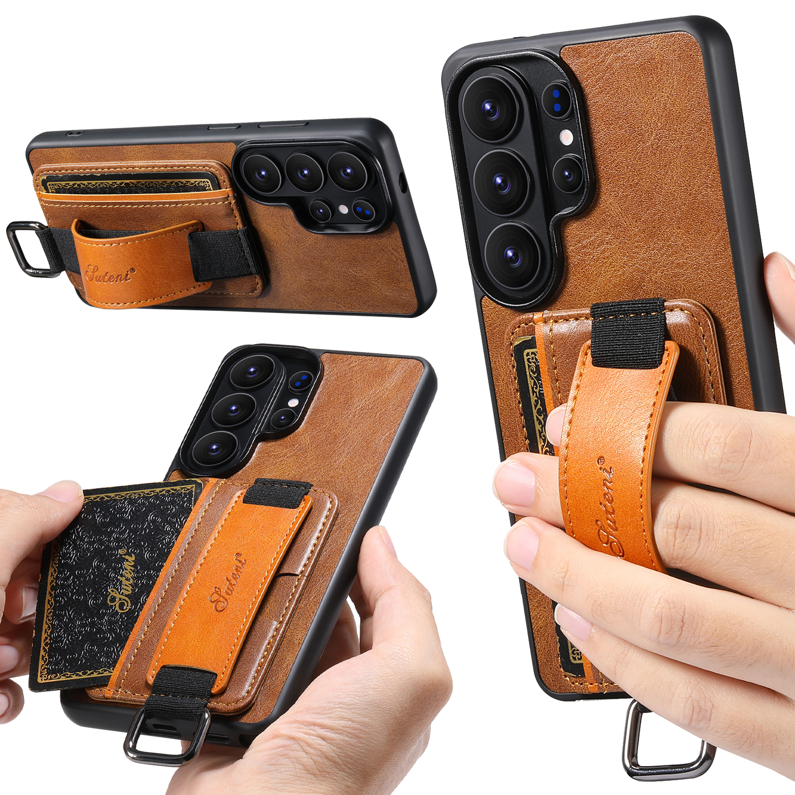 SUTENI H13YL Phone Case Wrist Strap Ring Buckle Faux Leather Card Holder Stand For Samsung Galaxy S26 Ultra S25 Plus S24 S23 S22 Note20
