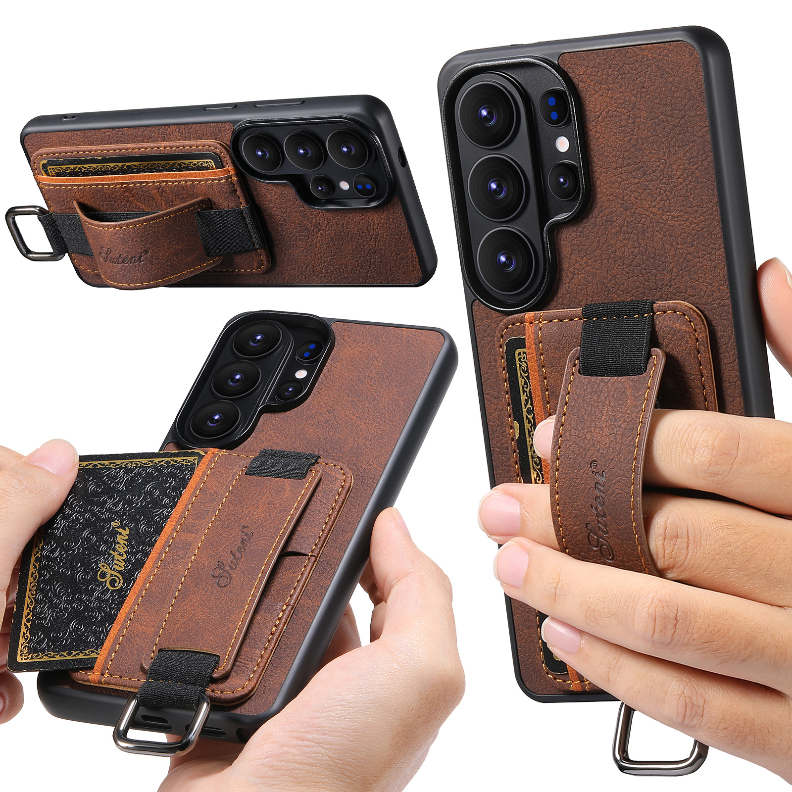 SUTENI H13LZ Faux Leather Phone Case Wrist Strap Ring Buckle Card Holder Stand For Samsung Galaxy S26 Ultra S25 Plus S24 S23 S22 Note20